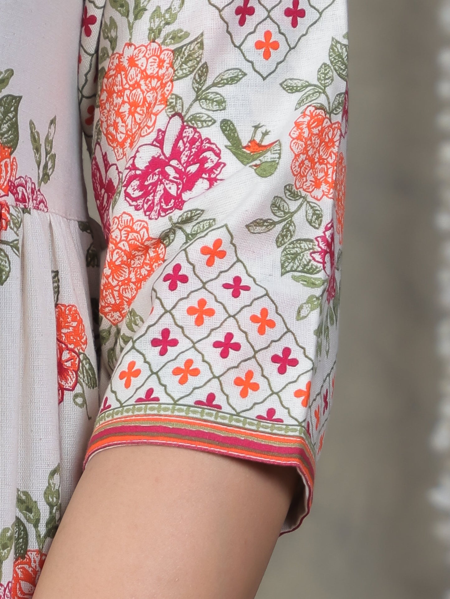 Linen Cotton Floral Anarkali Off White Dress