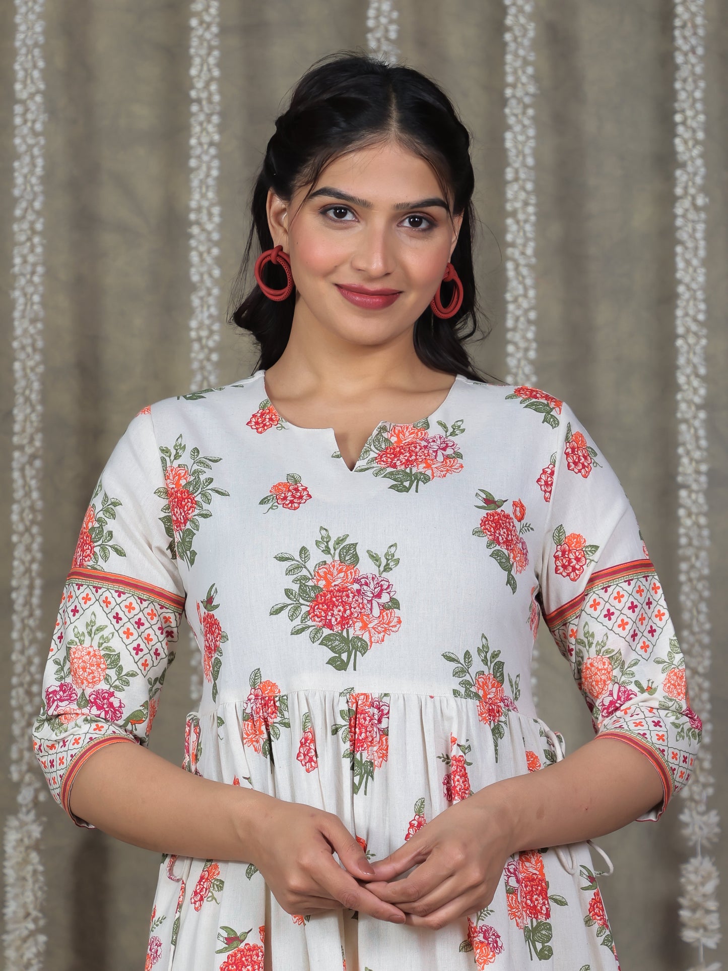 Linen Cotton Floral Anarkali Off White Dress