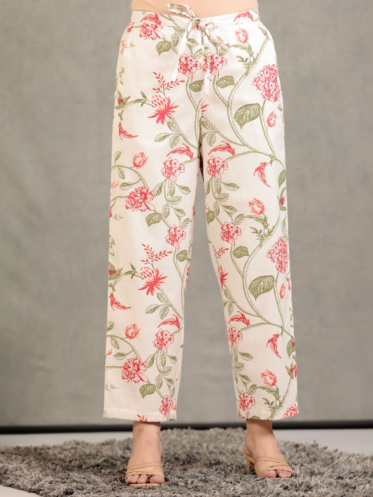 Linen Cotton Floral Off White Straight Trousers