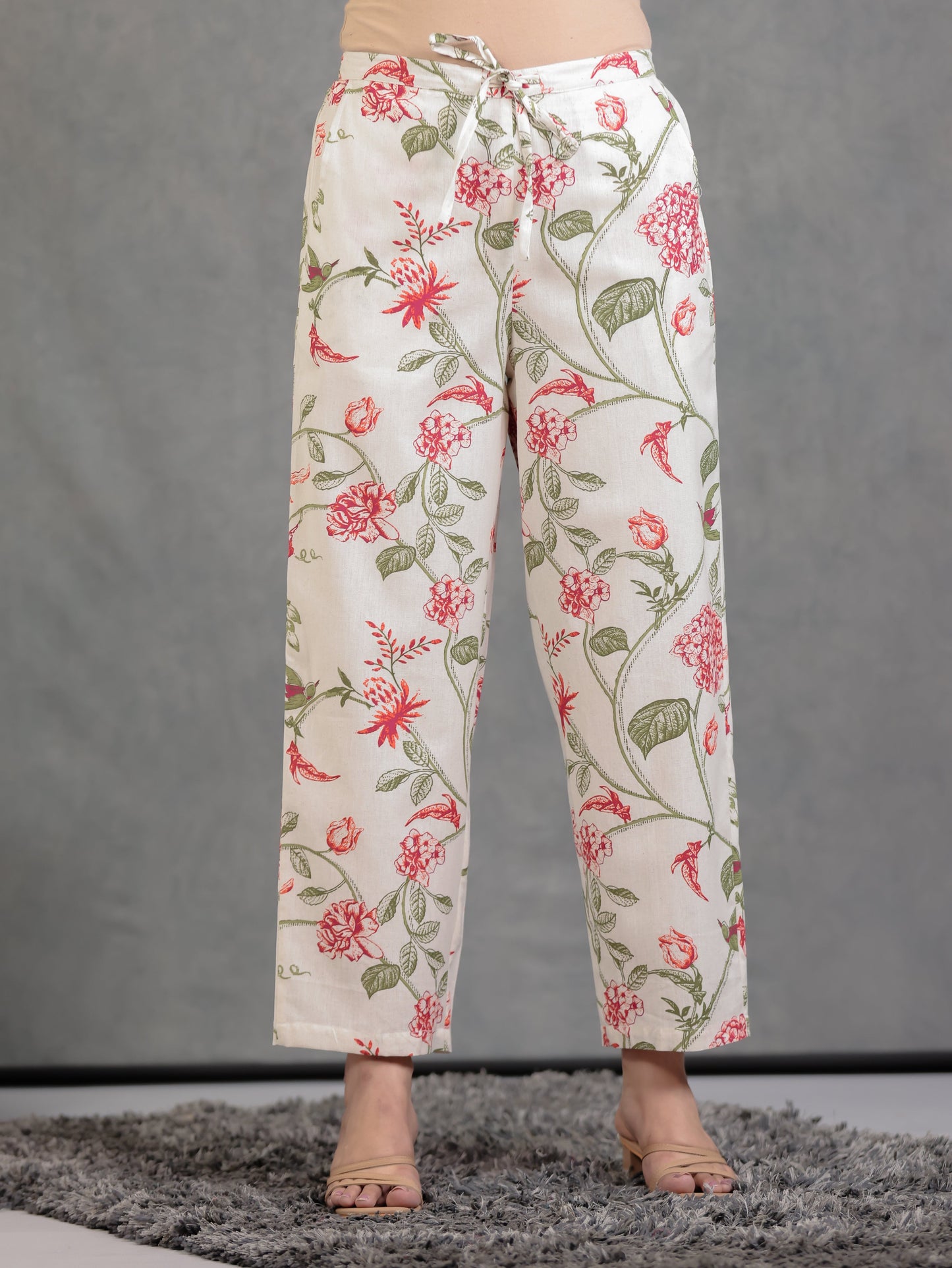 Linen Cotton Floral Off White Straight Trousers