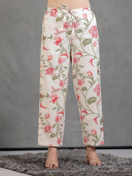 Linen Cotton Floral Off White Straight Trousers