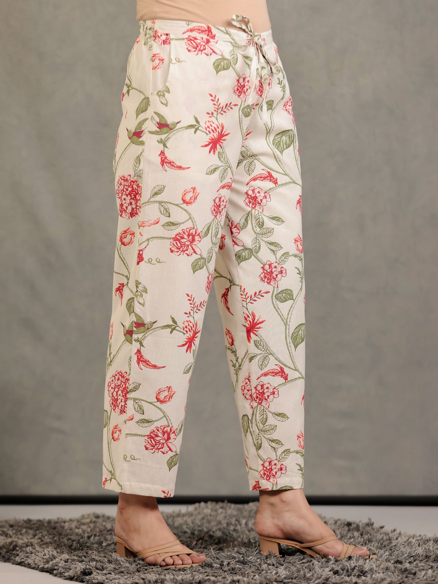 Linen Cotton Floral Off White Straight Trousers
