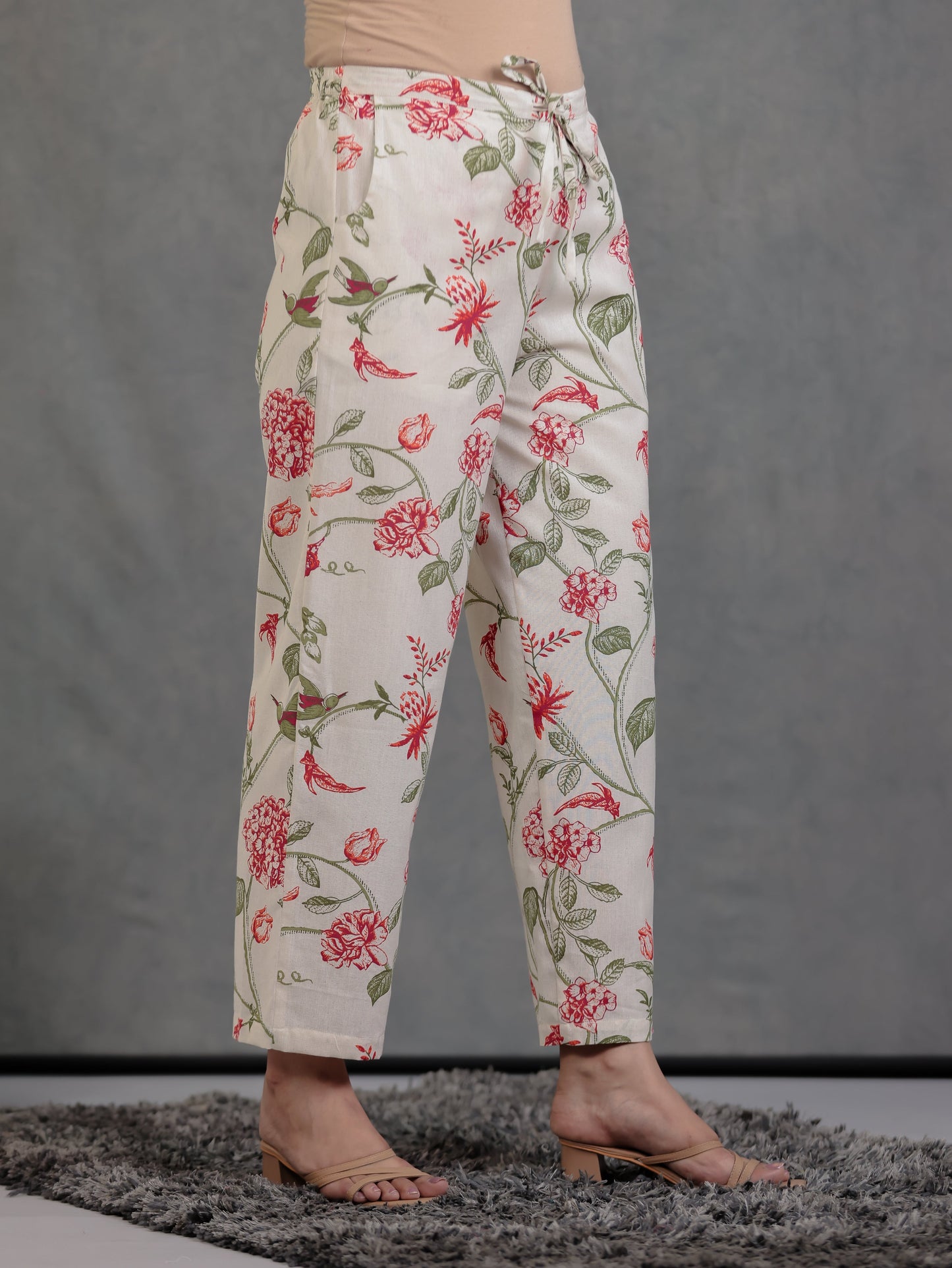 Linen Cotton Floral Off White Straight Trousers