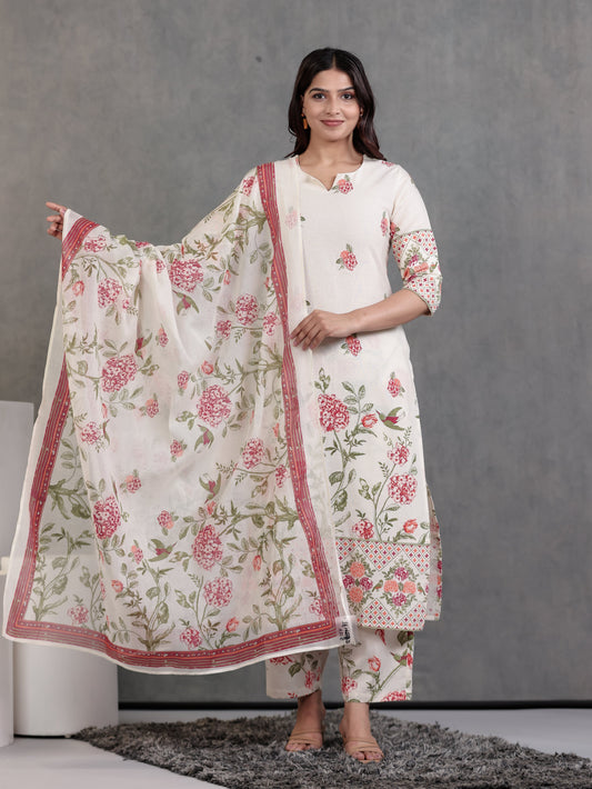 Cotton Voile Floral Off White Dupatta
