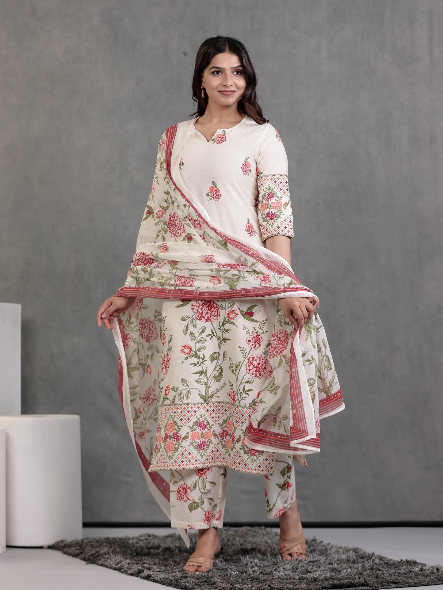 Cotton Voile Floral Off White Dupatta