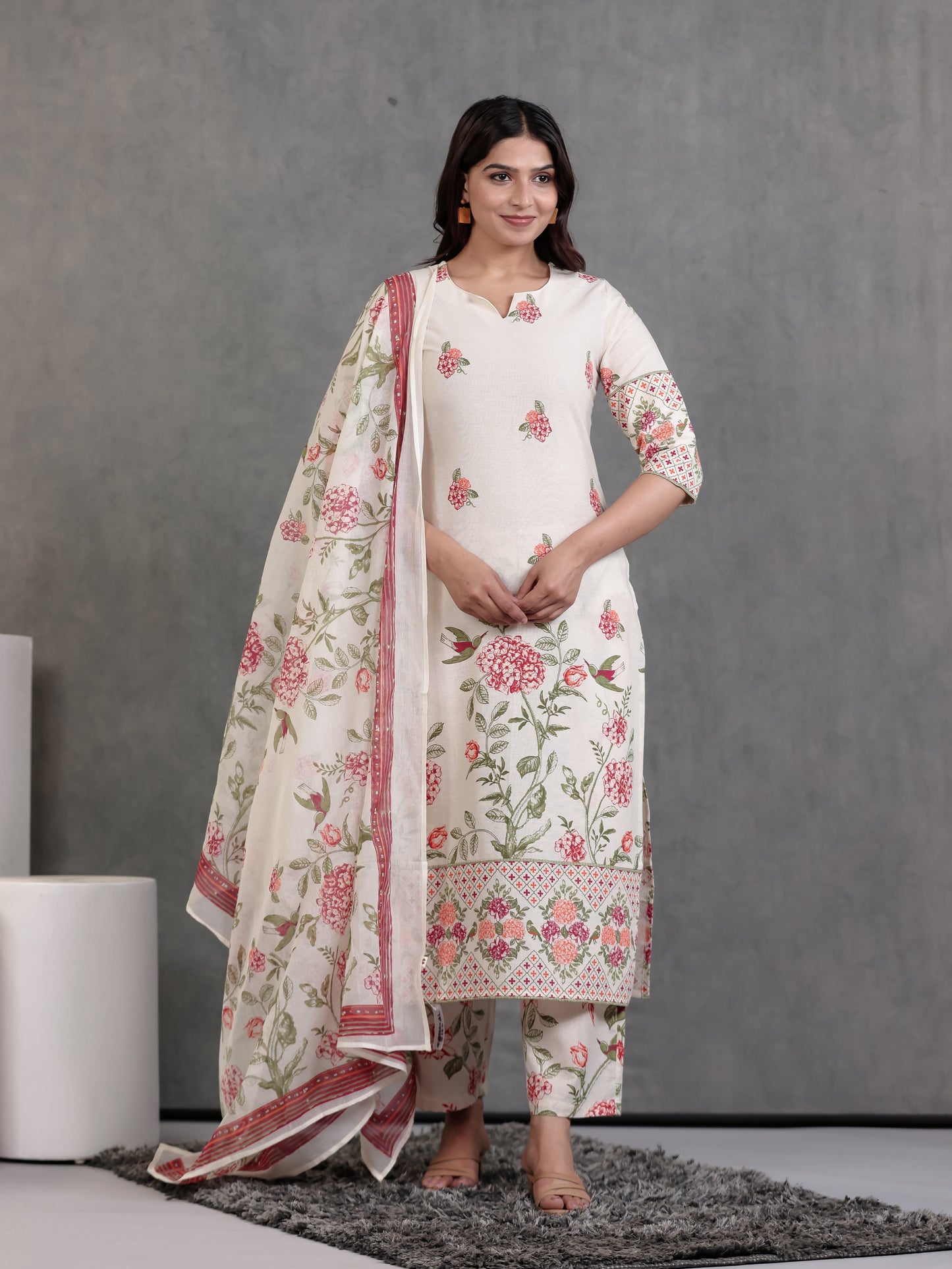 Cotton Voile Floral Off White Dupatta