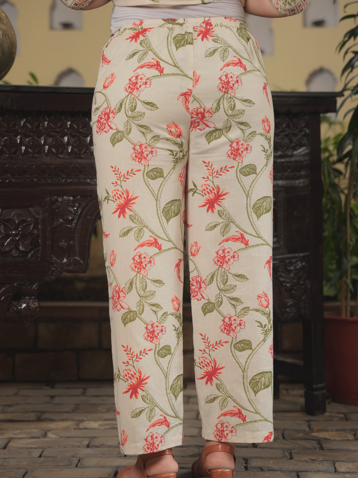Linen Cotton Floral Straight Off White Kurta