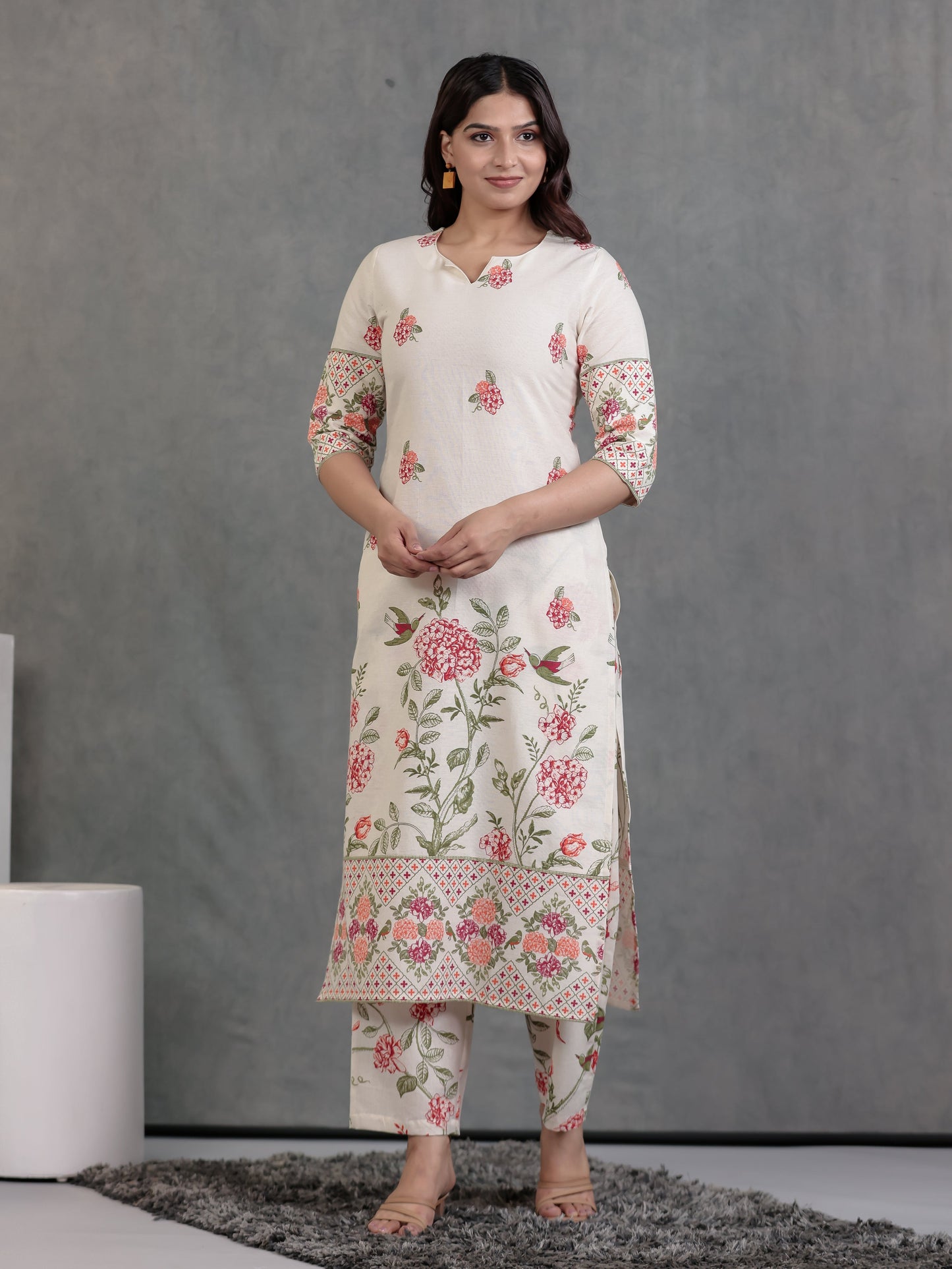 Linen Cotton Floral Straight Off White Kurta