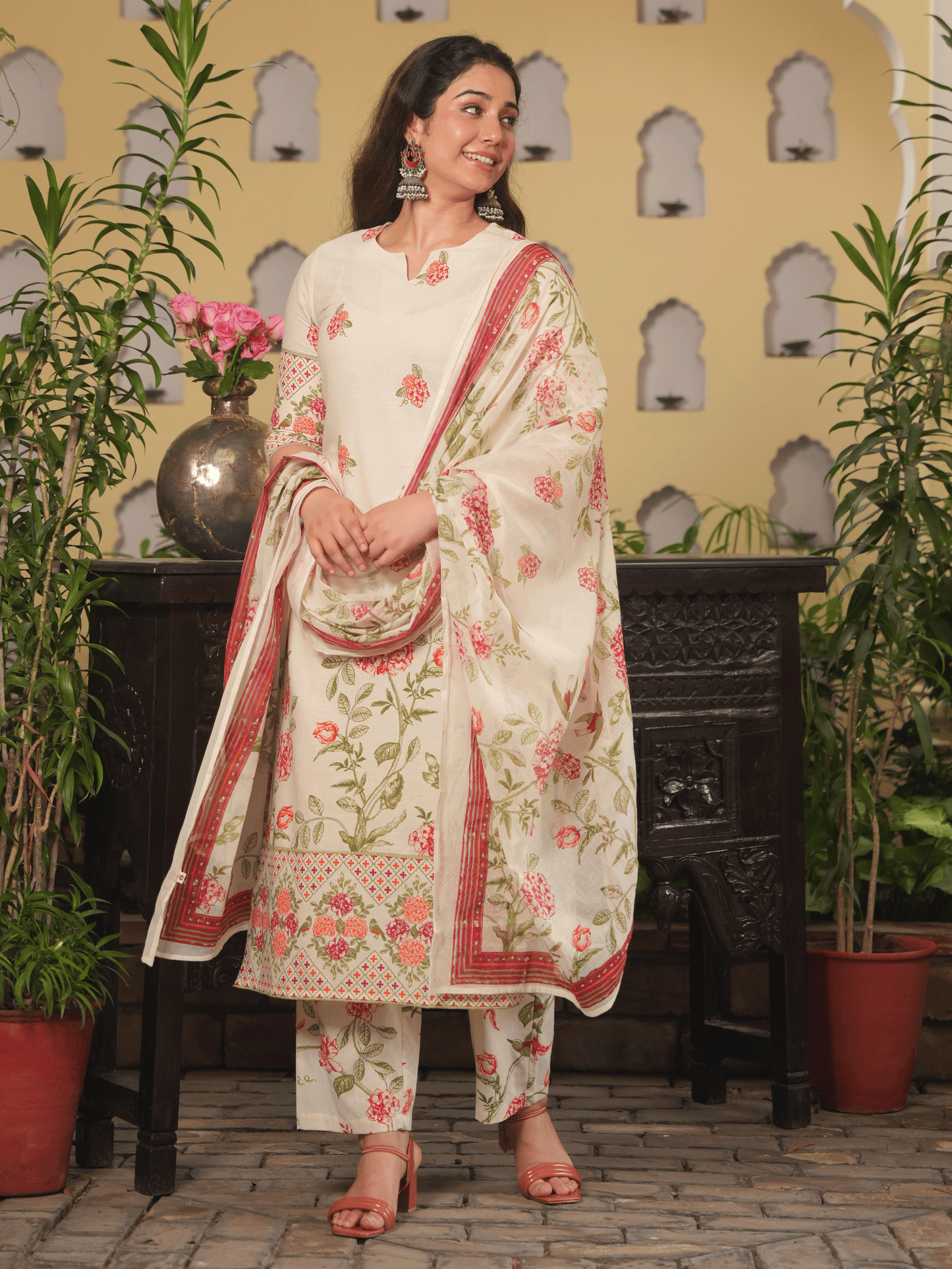 Linen Cotton Floral Straight Off White Kurta