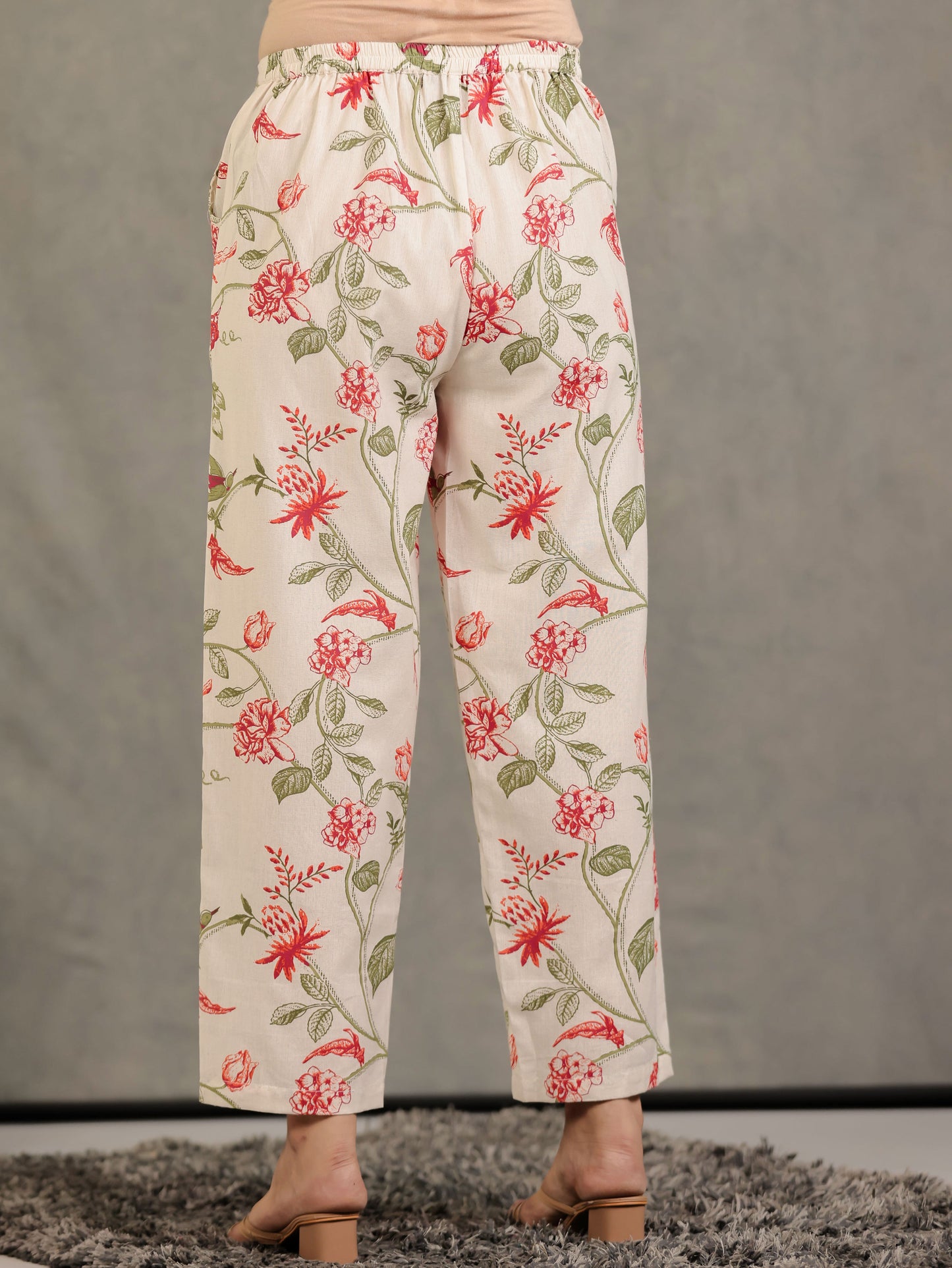 Linen Cotton Floral Off White Straight Trousers