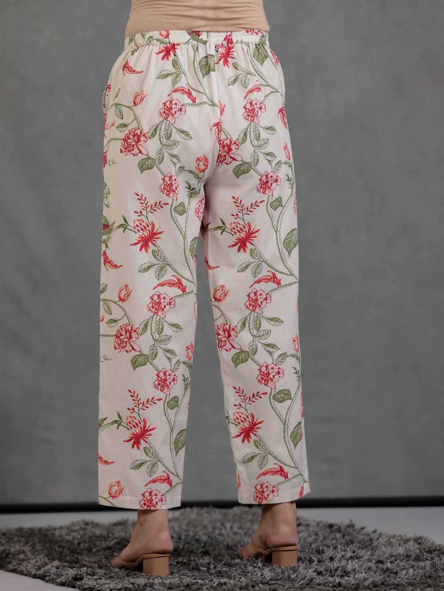 Linen Cotton Floral Straight Off White Kurta