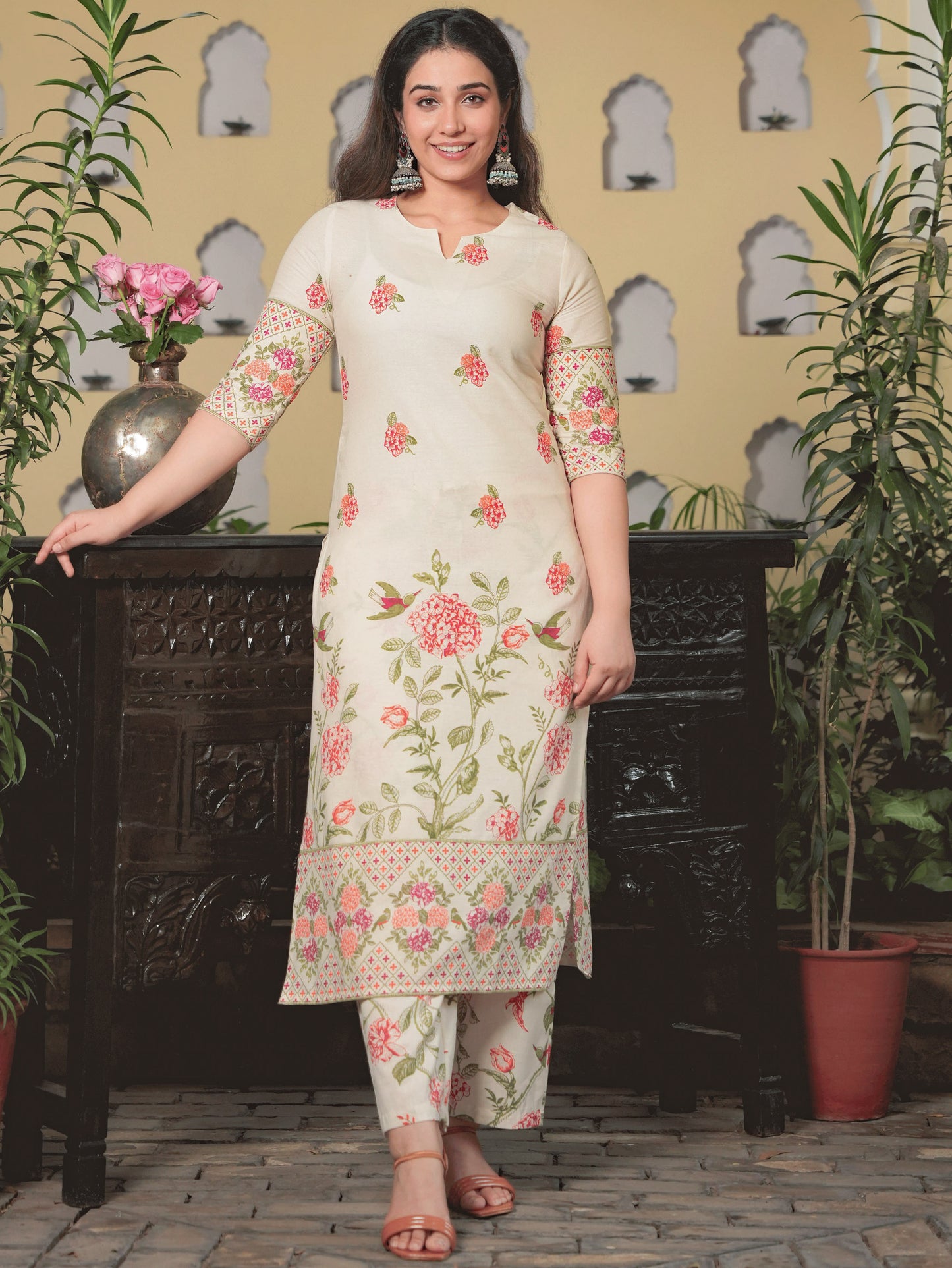 Linen Cotton Floral Straight Off White Kurta