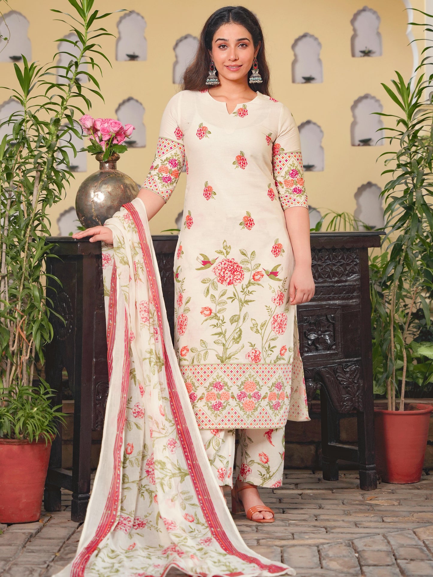 Linen Cotton Floral Straight Off White Kurta