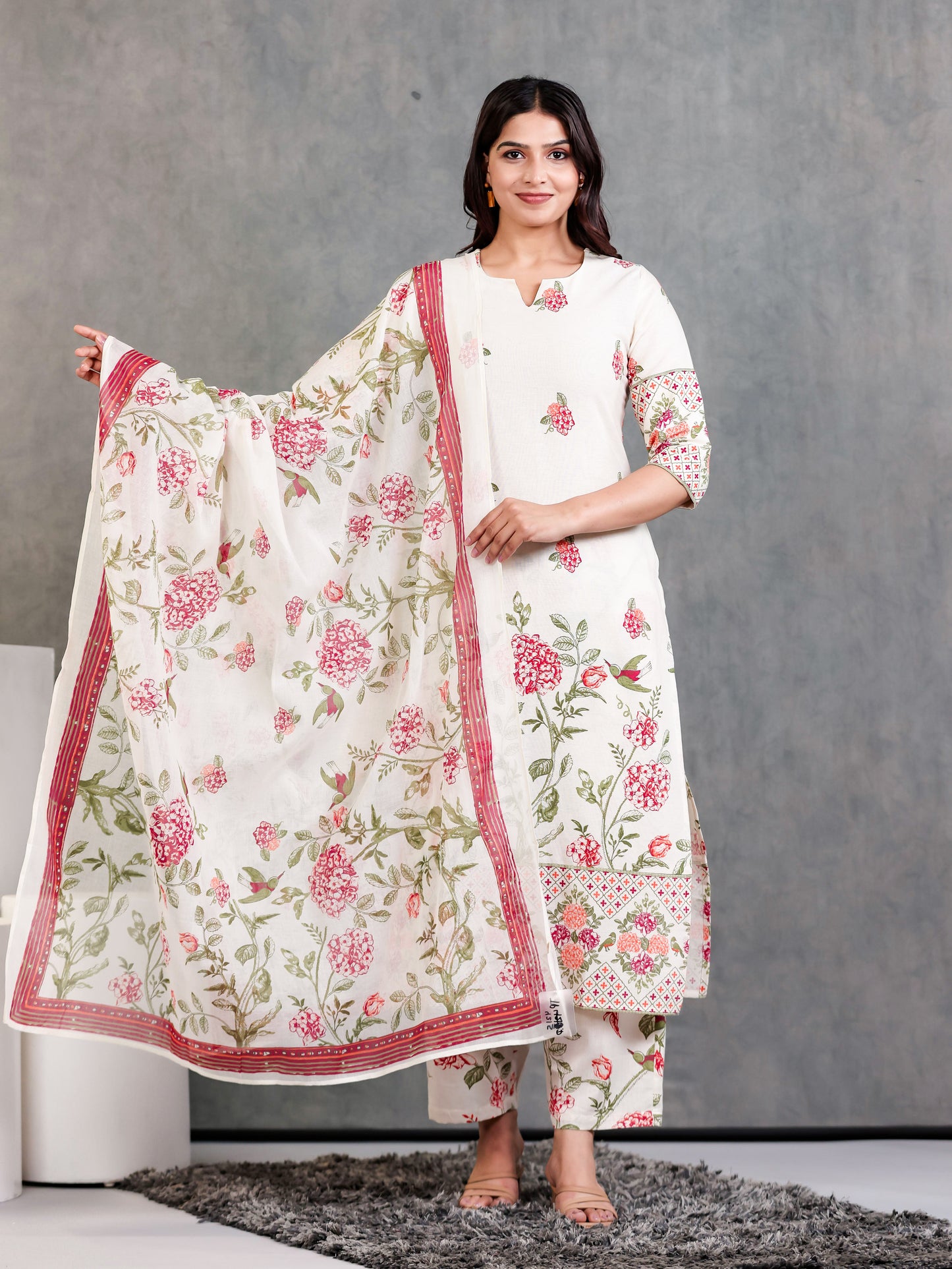 Linen Cotton Floral Straight Off White Kurta