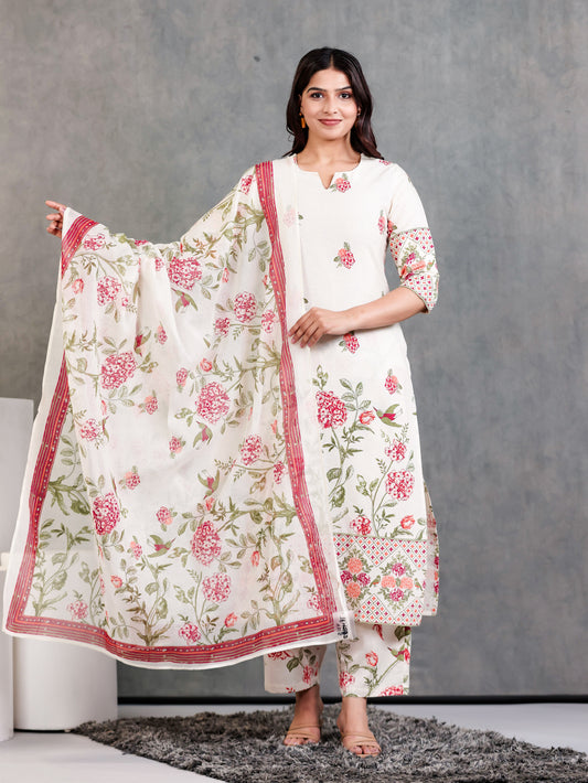 Linen Cotton Floral Straight Off White Kurta