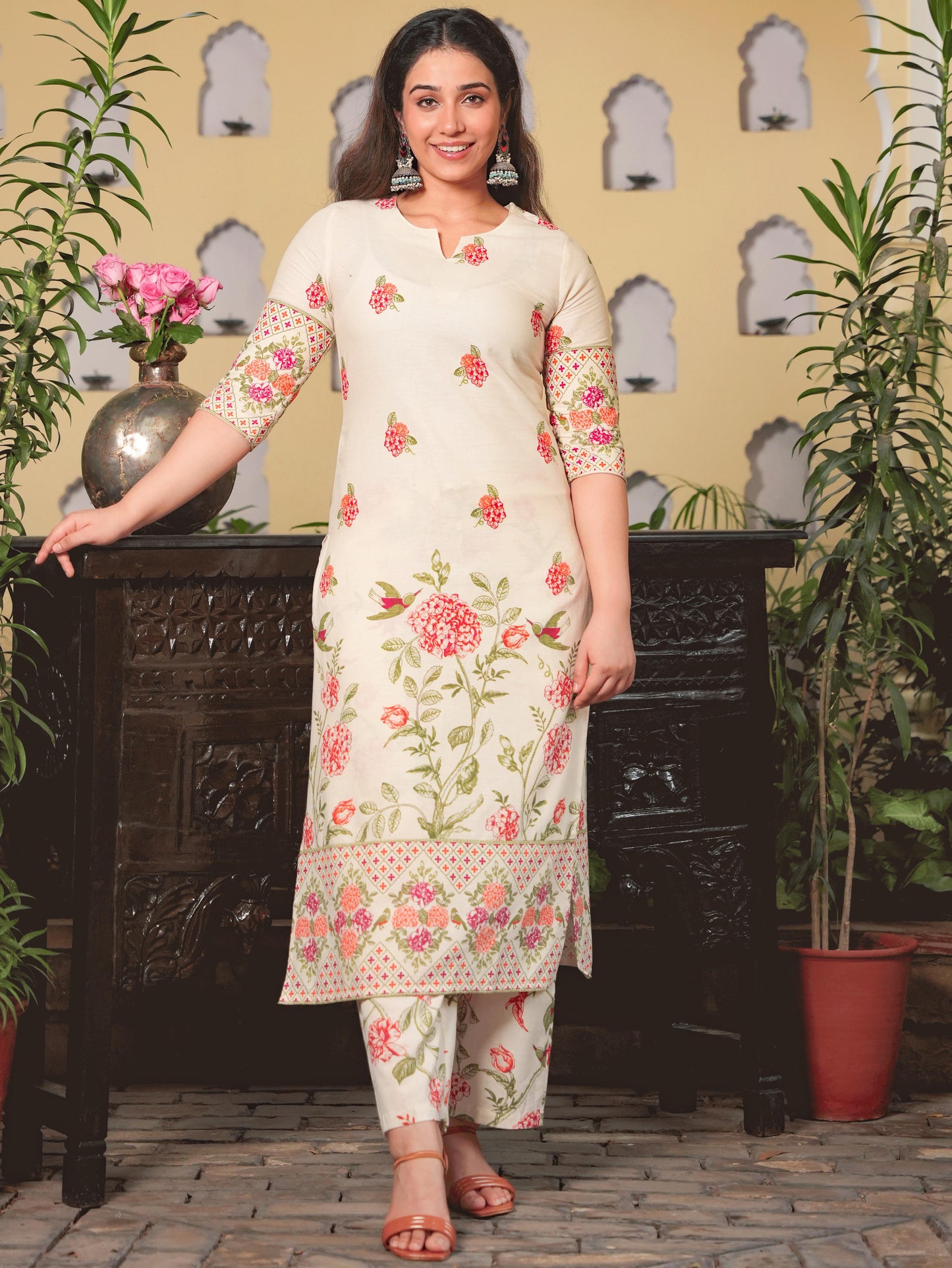 Linen Cotton Floral Straight Off White Kurta
