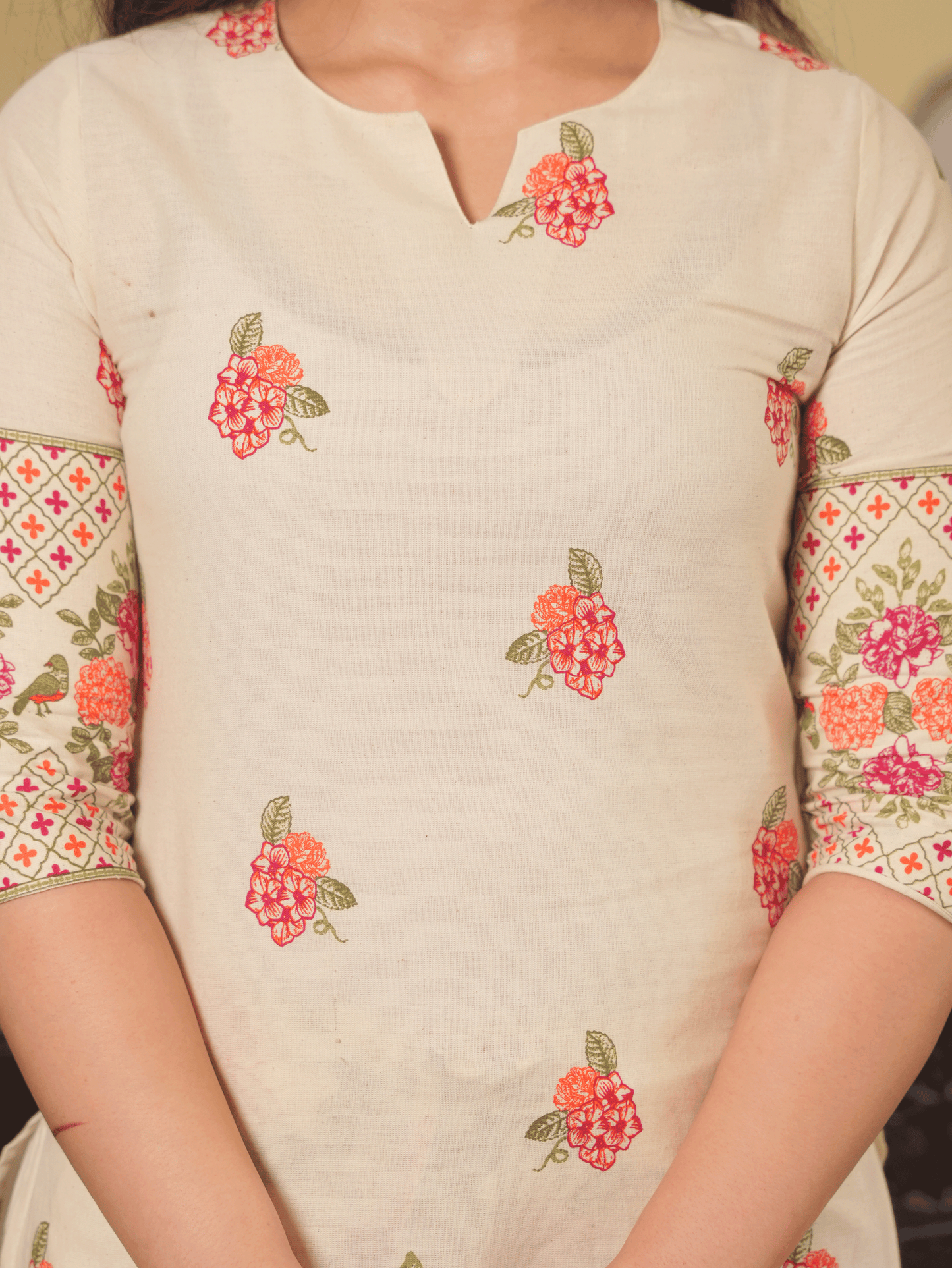 Linen Cotton Floral Straight Off White Kurta