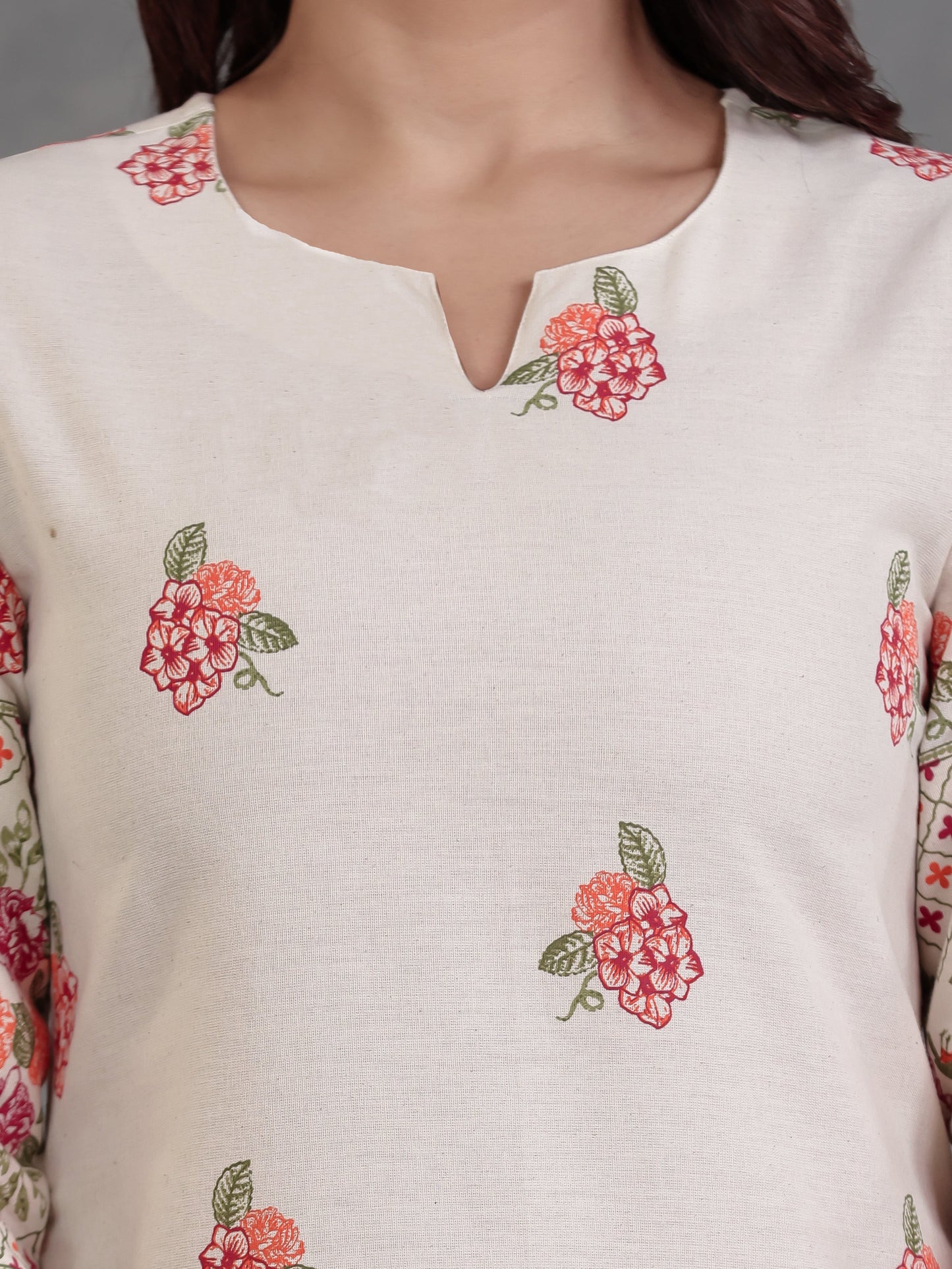 Linen Cotton Floral Straight Off White Kurta