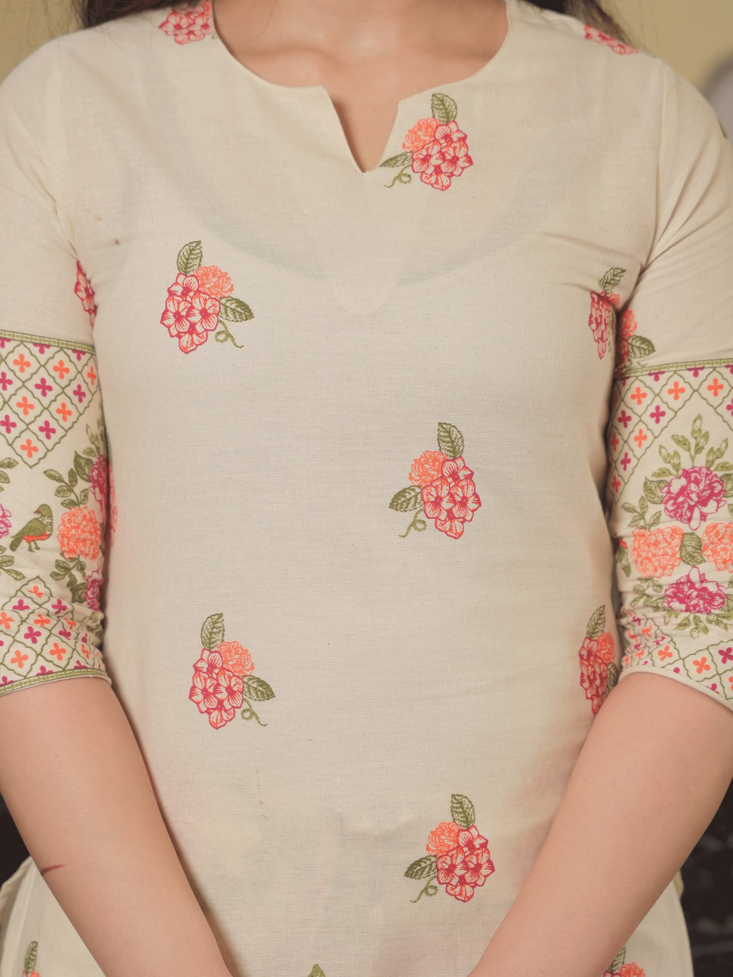 Linen Cotton Floral Straight Off White Kurta