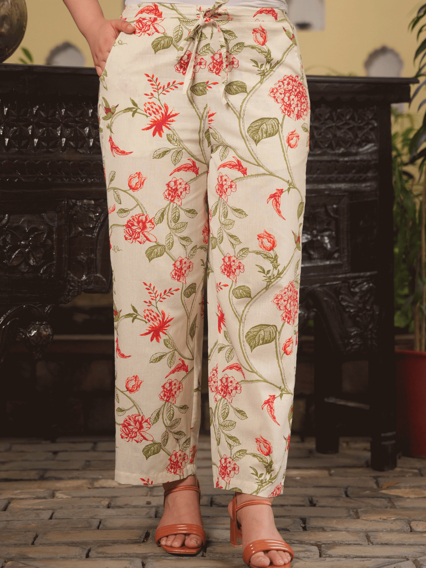 Linen Cotton Floral Straight Off White Kurta