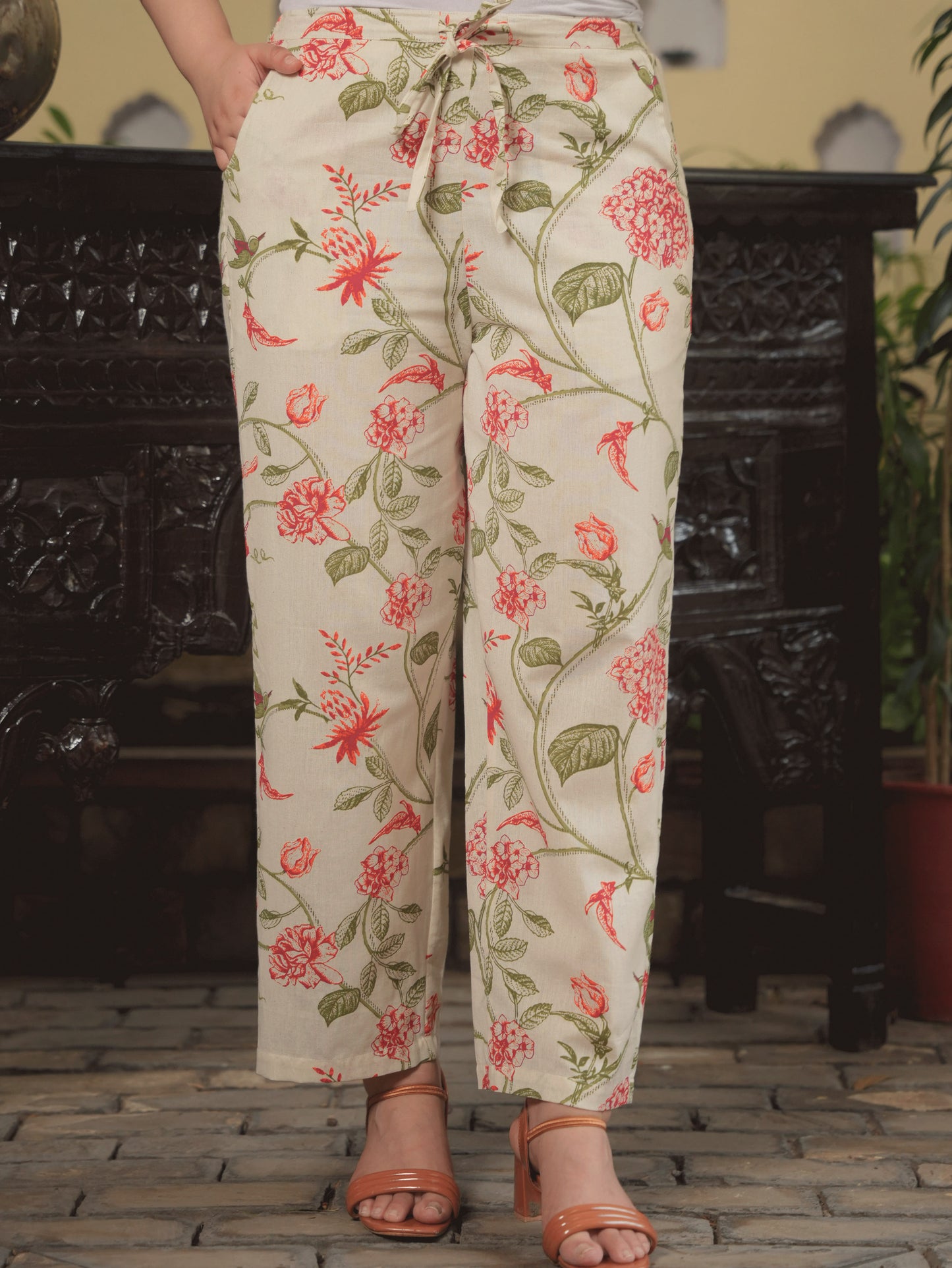 Linen Cotton Floral Straight Off White Kurta