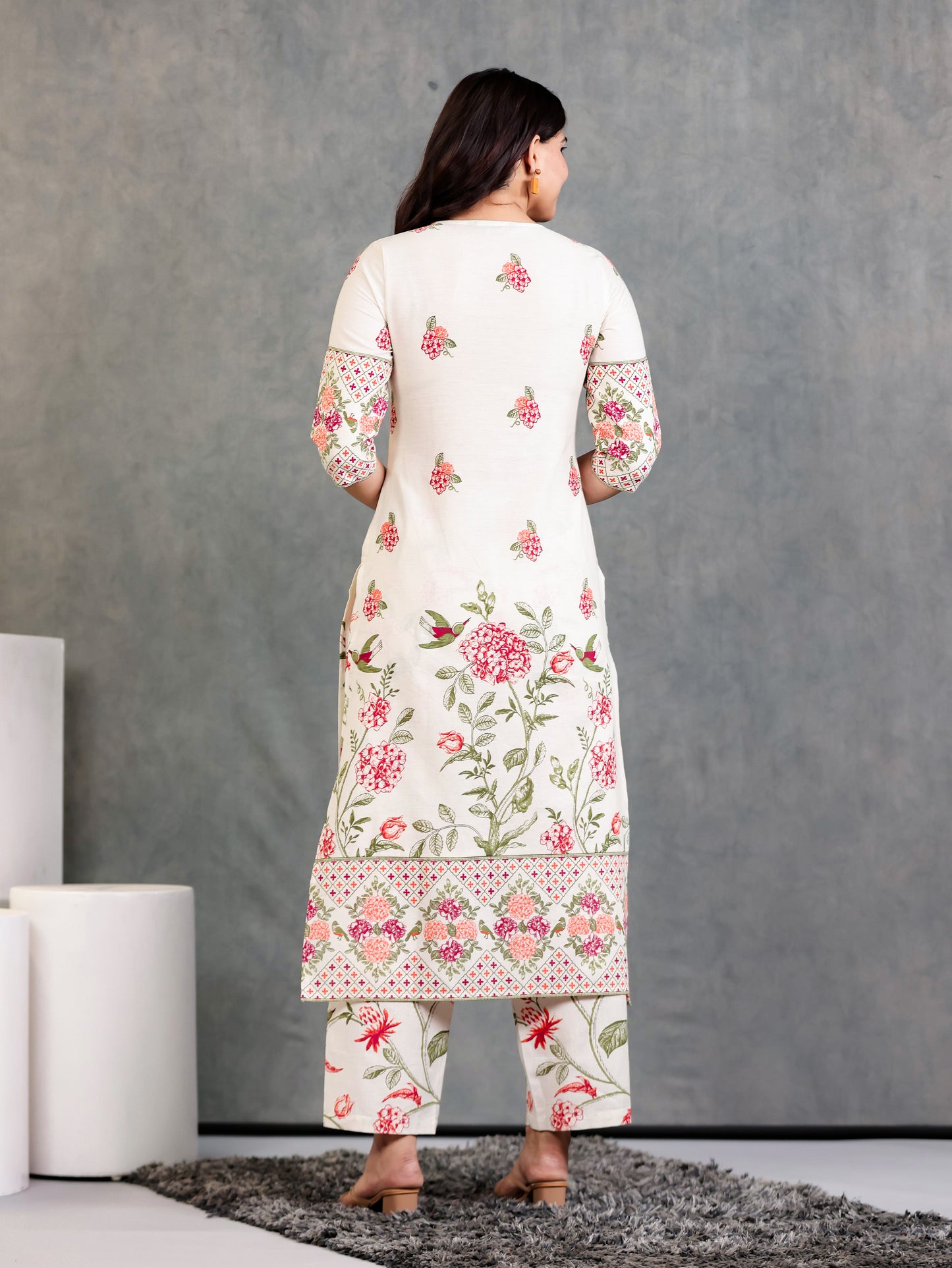 Linen Cotton Floral Straight Off White Kurta