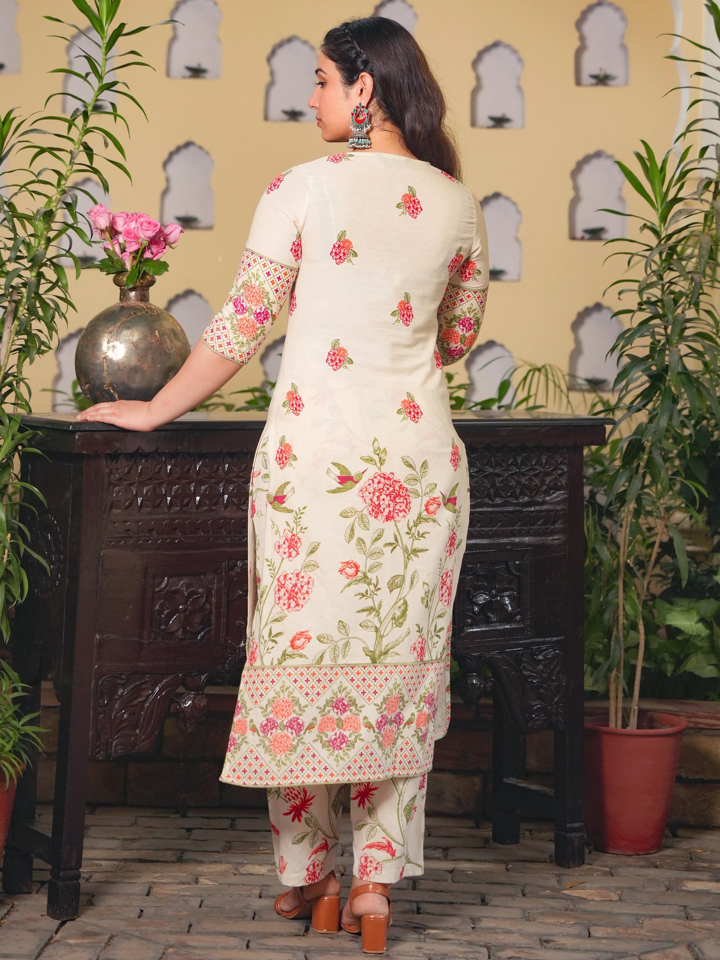 Linen Cotton Floral Straight Off White Kurta