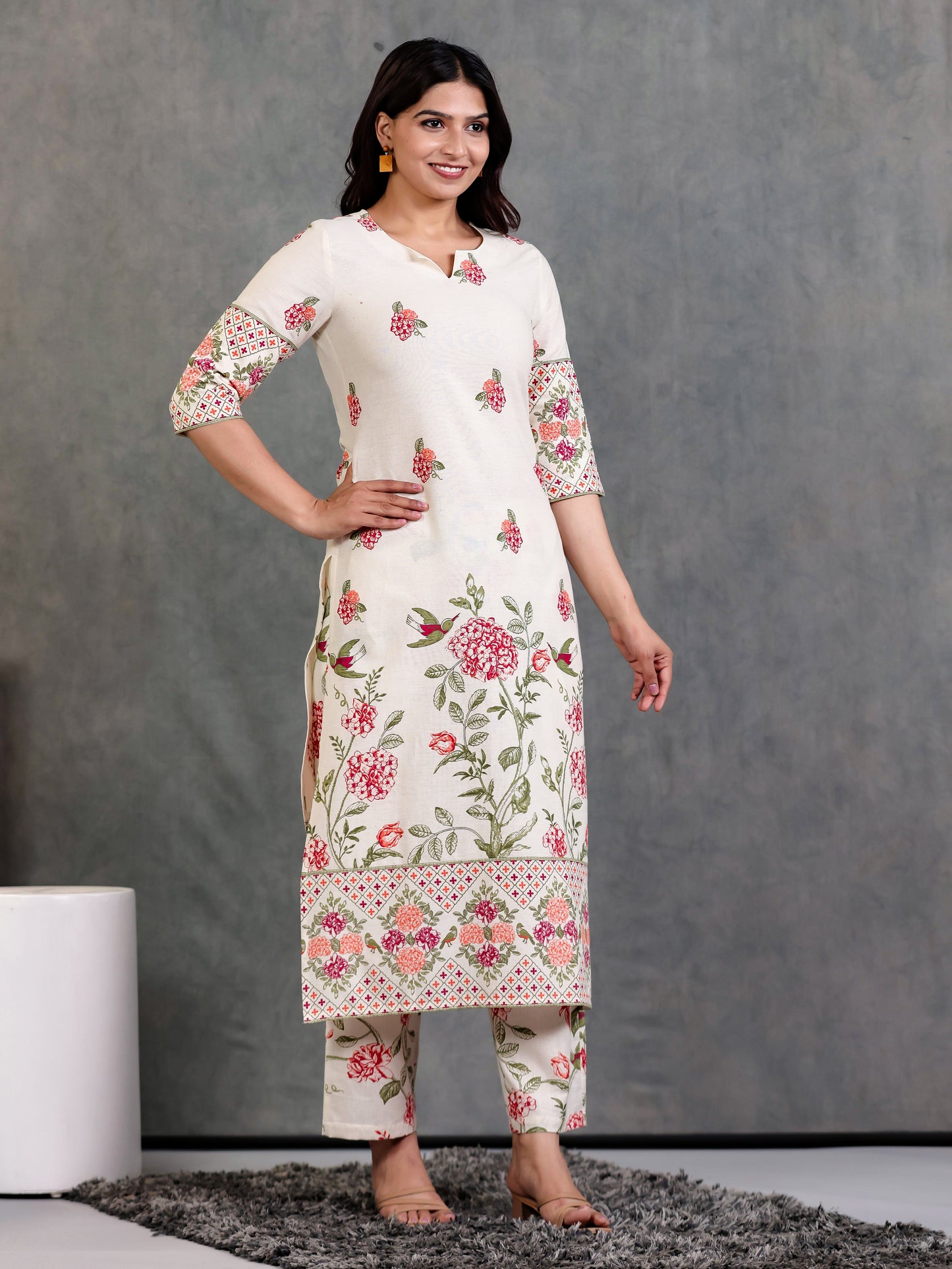 Linen Cotton Floral Straight Off White Kurta