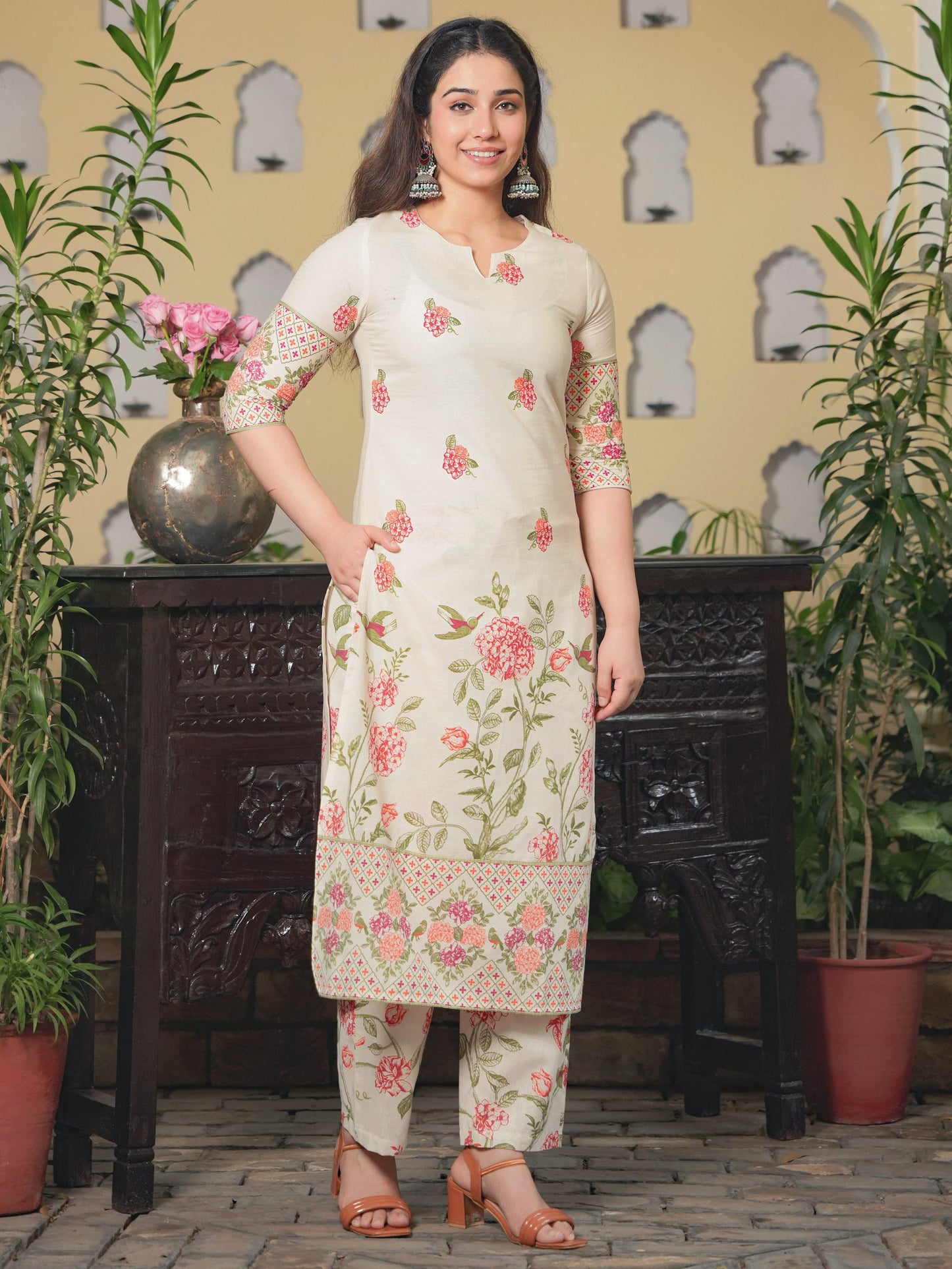 Linen Cotton Floral Straight Off White Kurta
