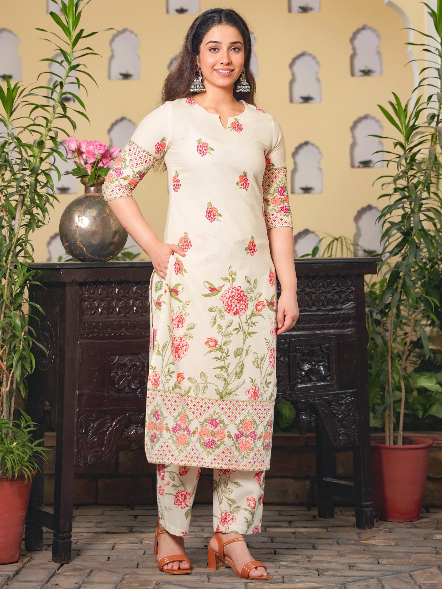 Linen Cotton Floral Straight Off White Kurta