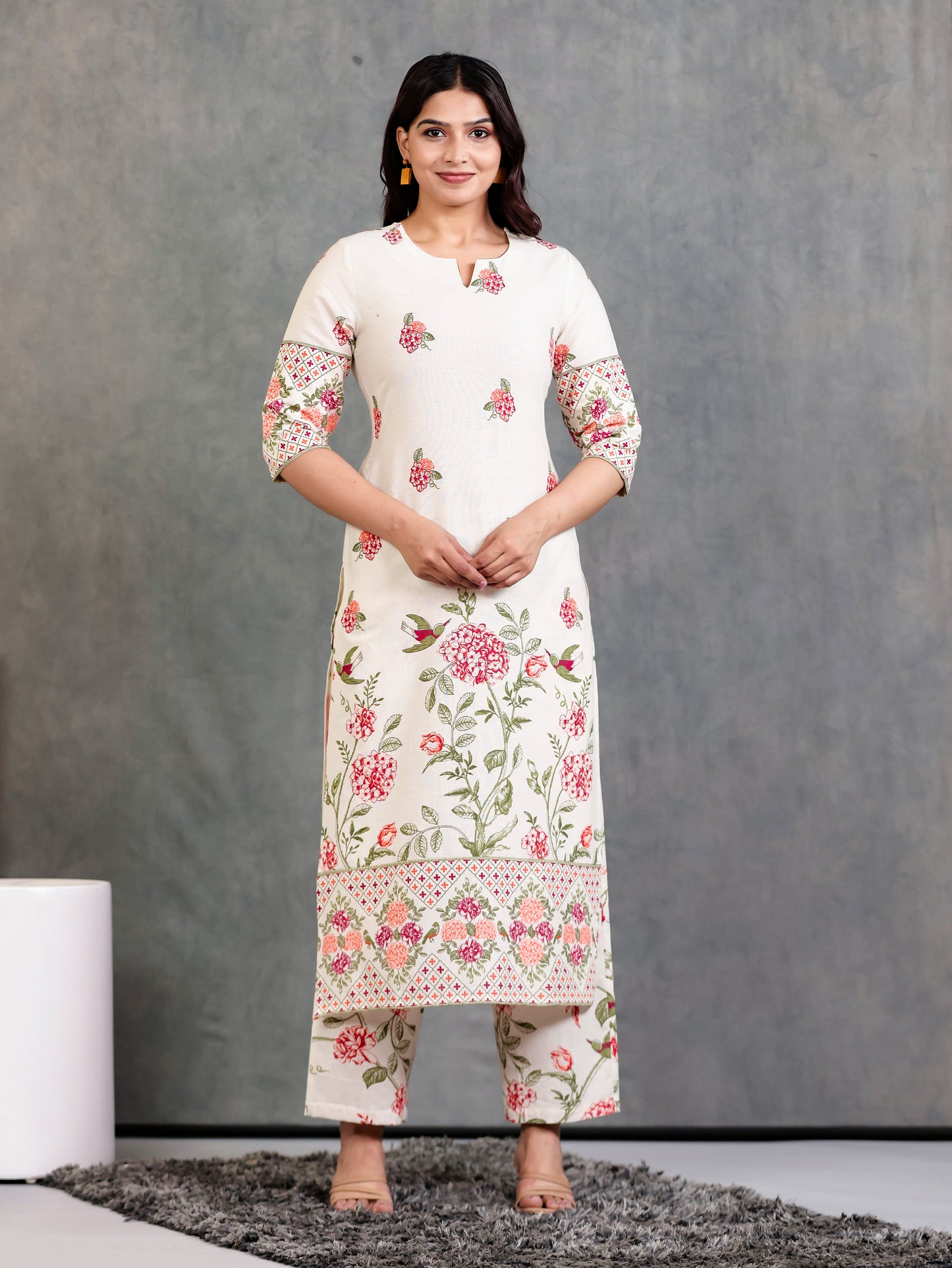 Linen Cotton Floral Straight Off White Kurta