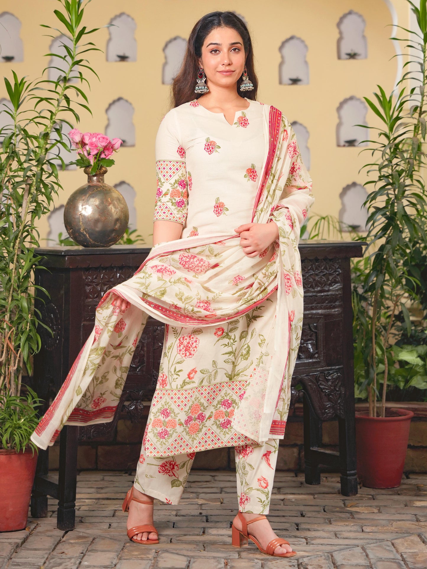 Linen Cotton Floral Straight Off White Kurta
