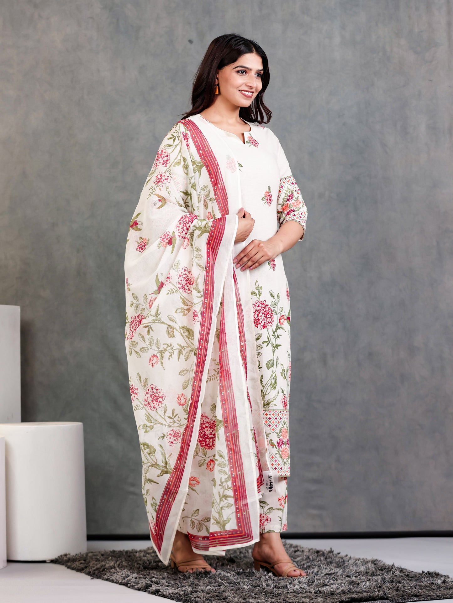 Linen Cotton Floral Straight Off White Kurta
