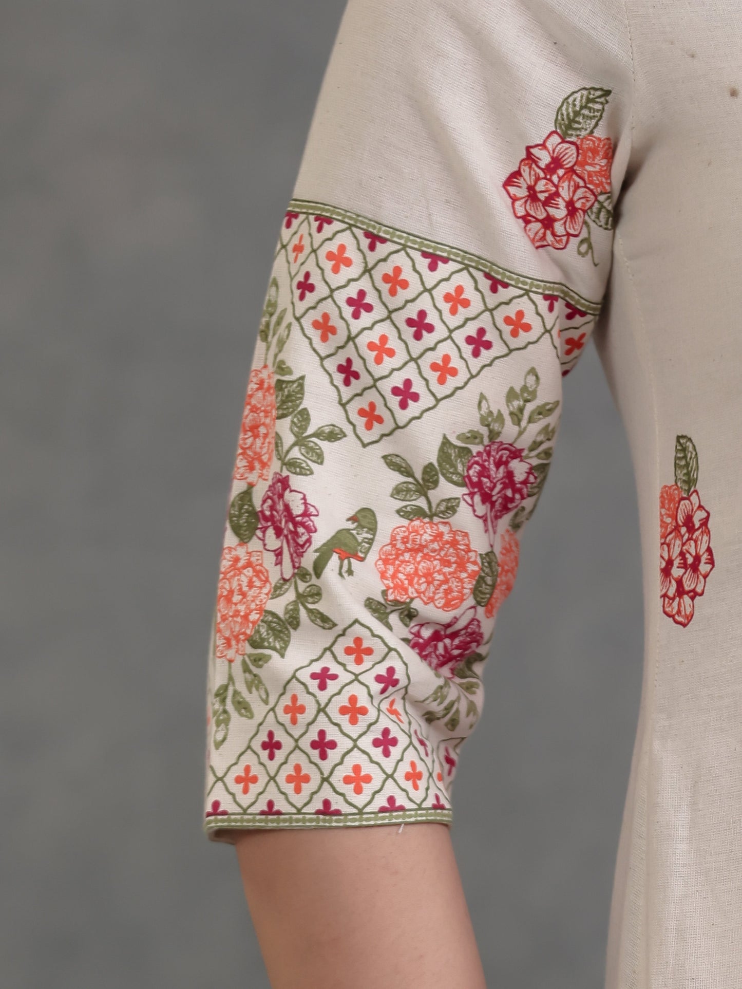 Linen Cotton Floral Straight Off White Kurta