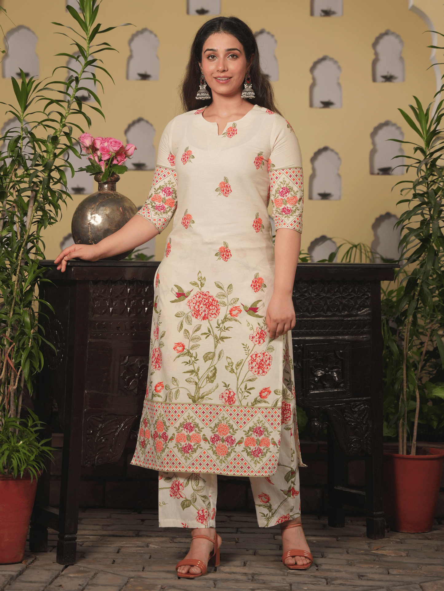 Linen Cotton Floral Straight Off White Kurta