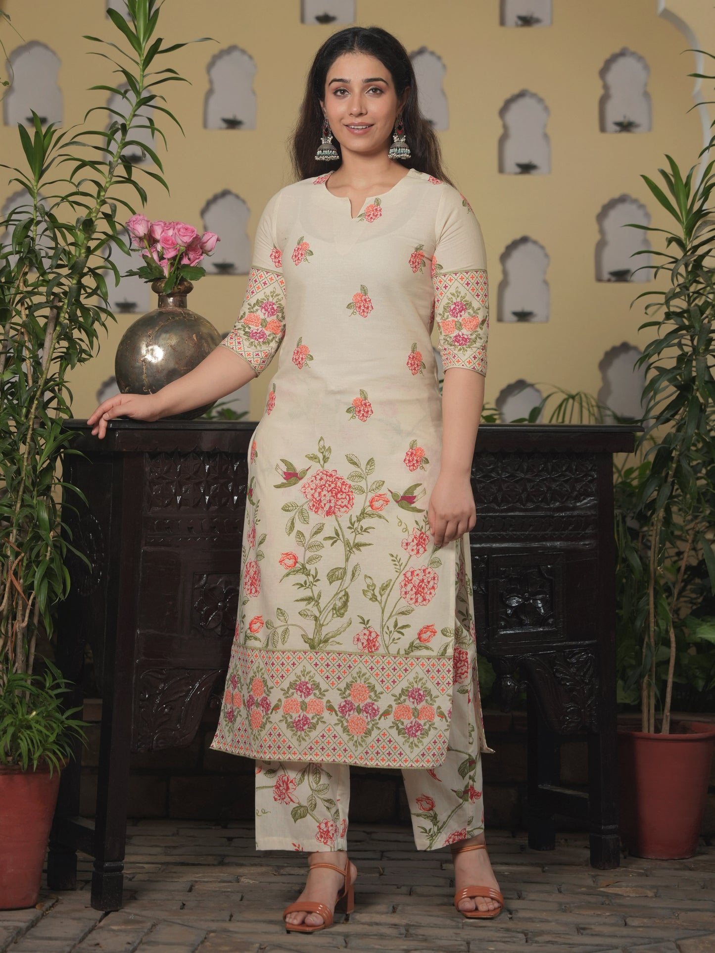 Linen Cotton Floral Straight Off White Kurta