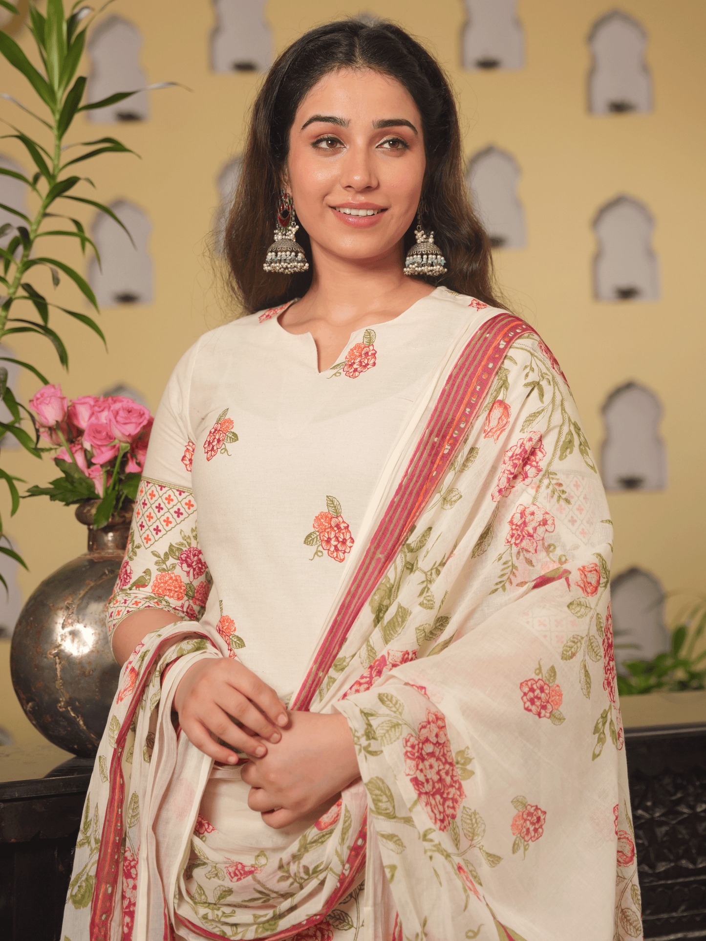 Linen Cotton Floral Straight Off White Kurta