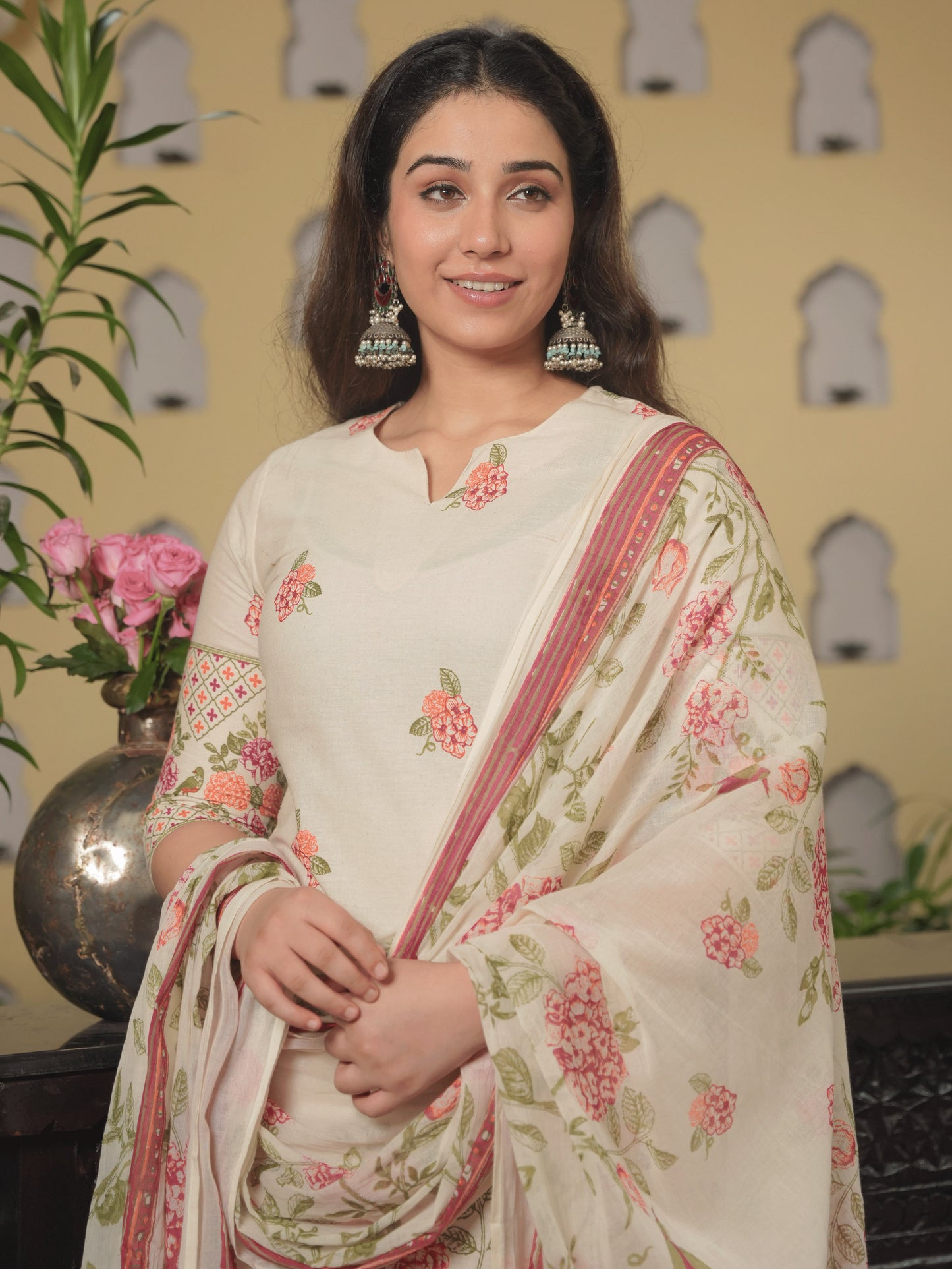 Linen Cotton Floral Straight Off White Kurta