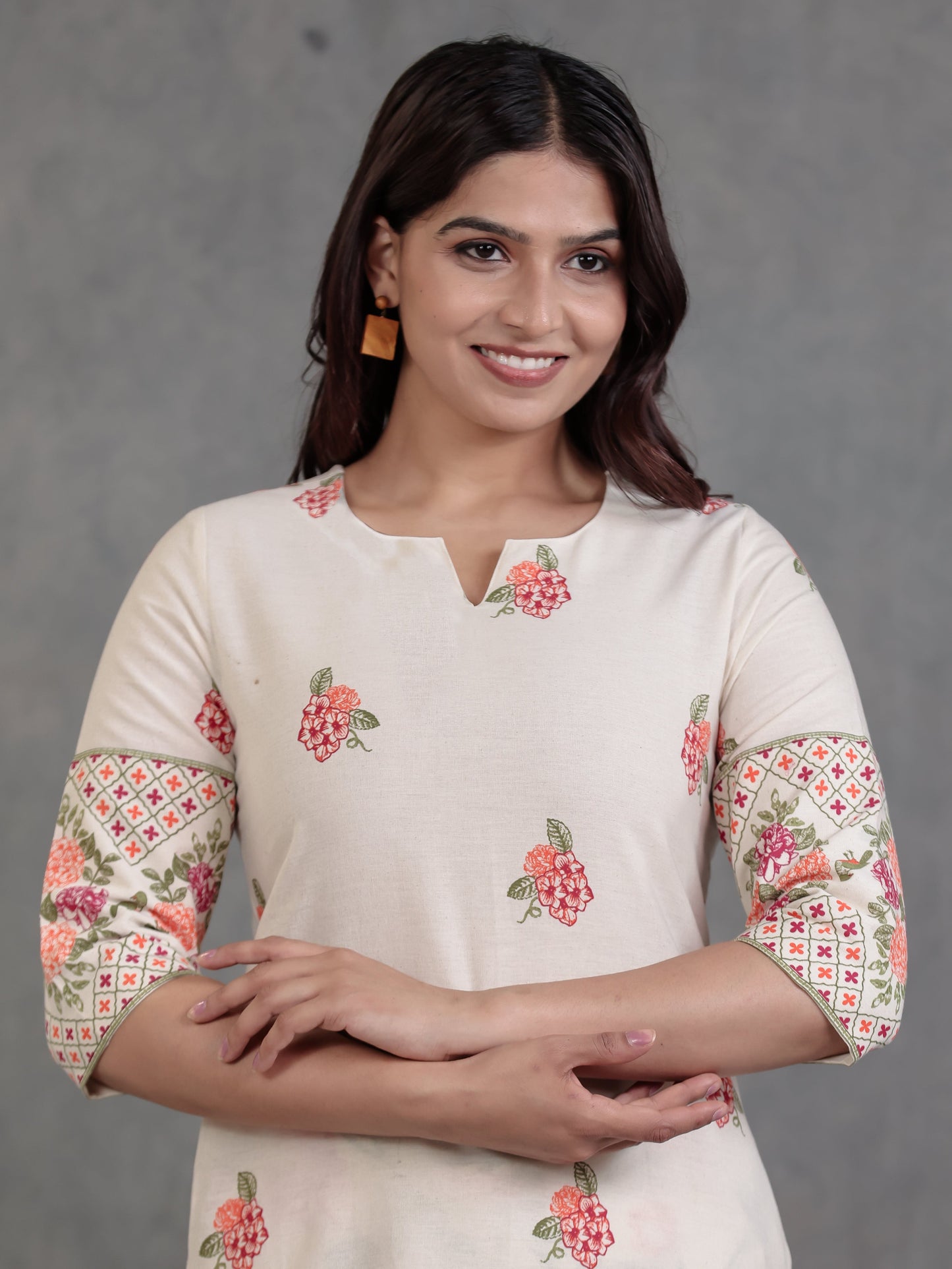 Linen Cotton Floral Straight Off White Kurta