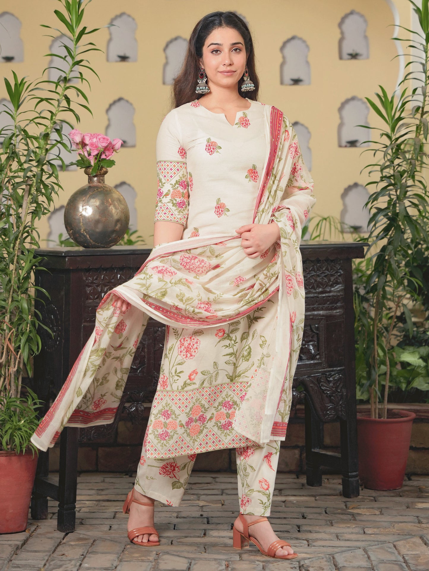 Cotton Voile Floral Off White Dupatta