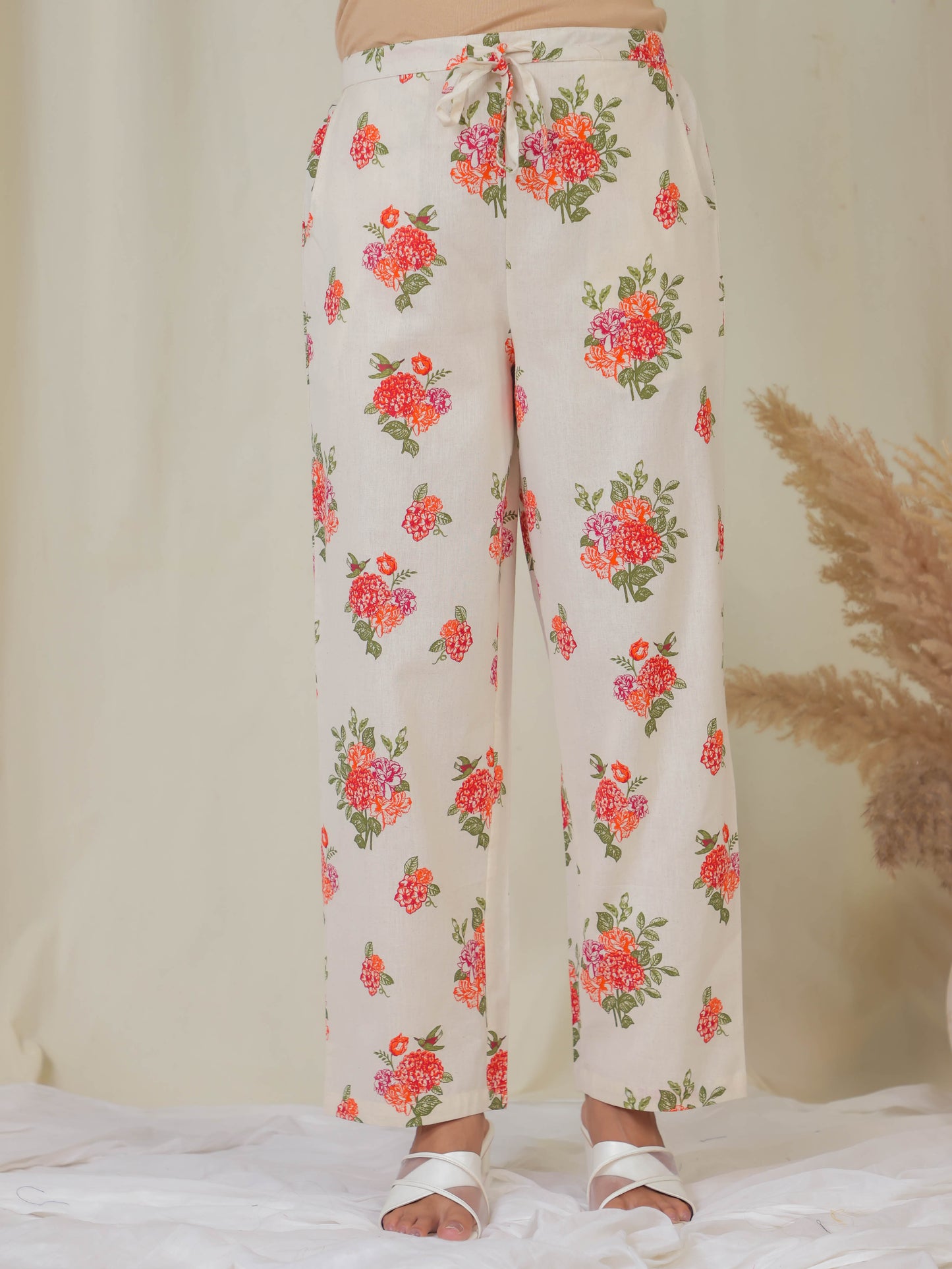 Linen Cotton Floral Off White Straight Trousers