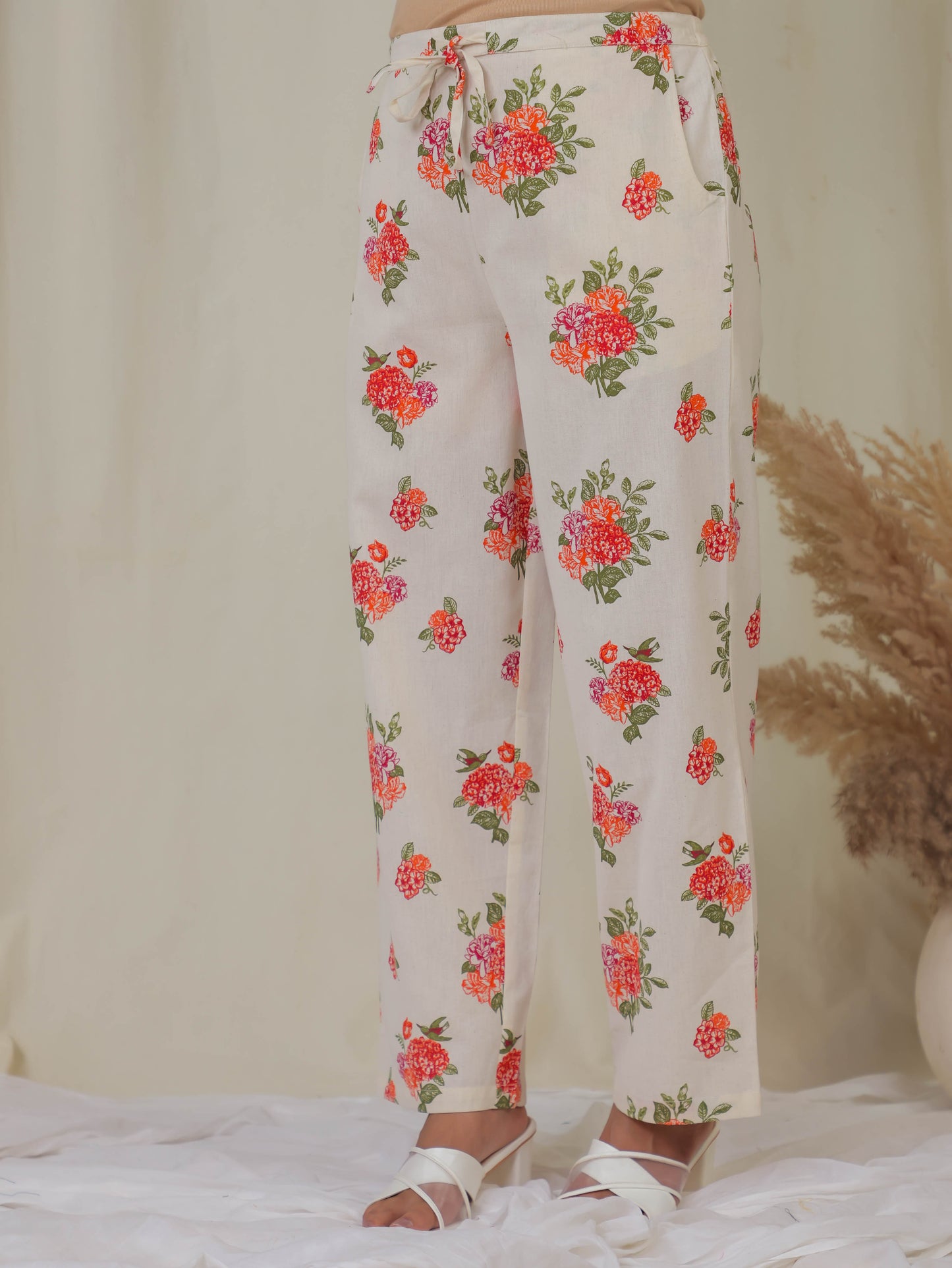 Linen Cotton Floral Off White Straight Trousers