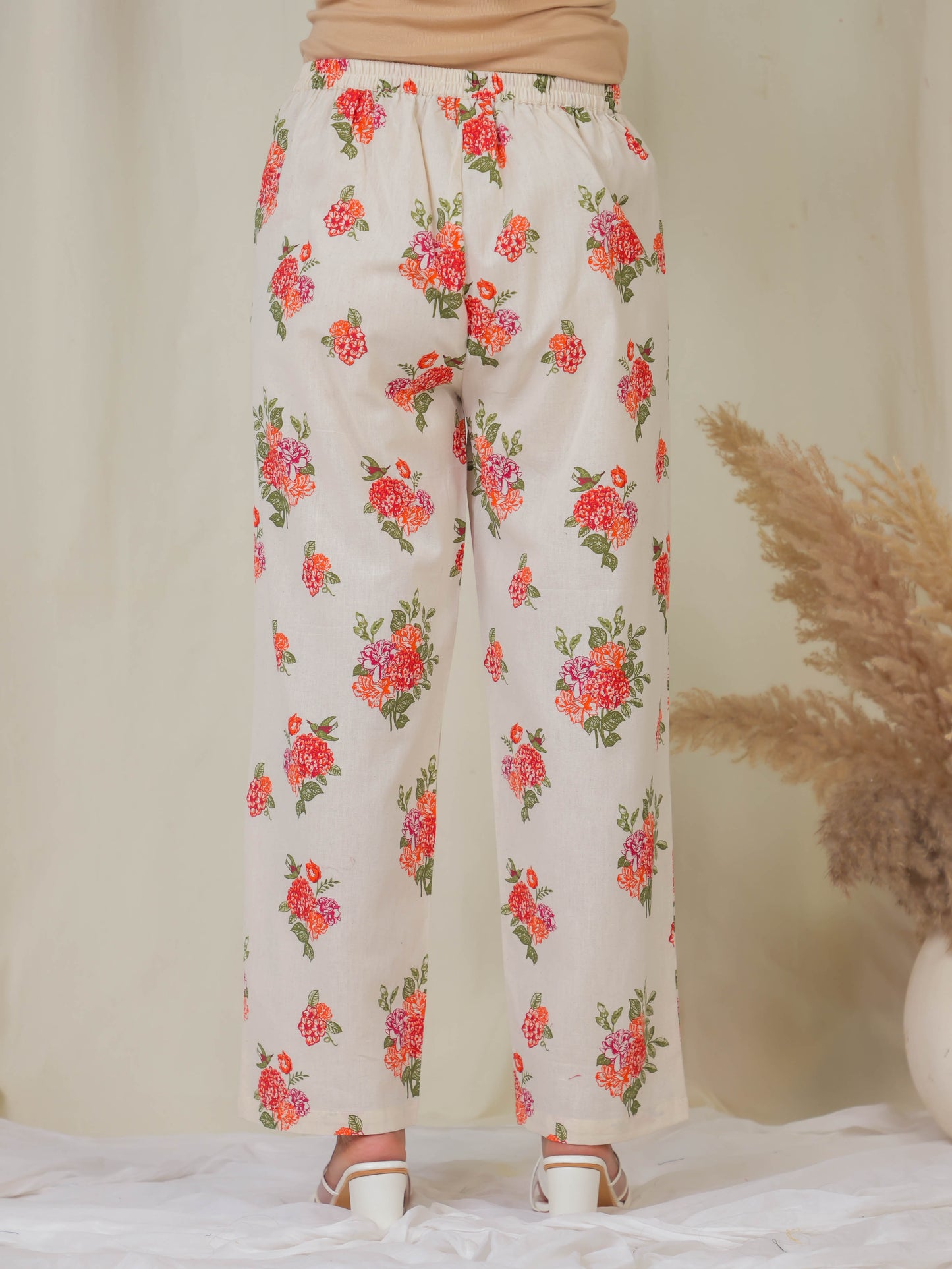 Linen Cotton Floral Off White Straight Trousers