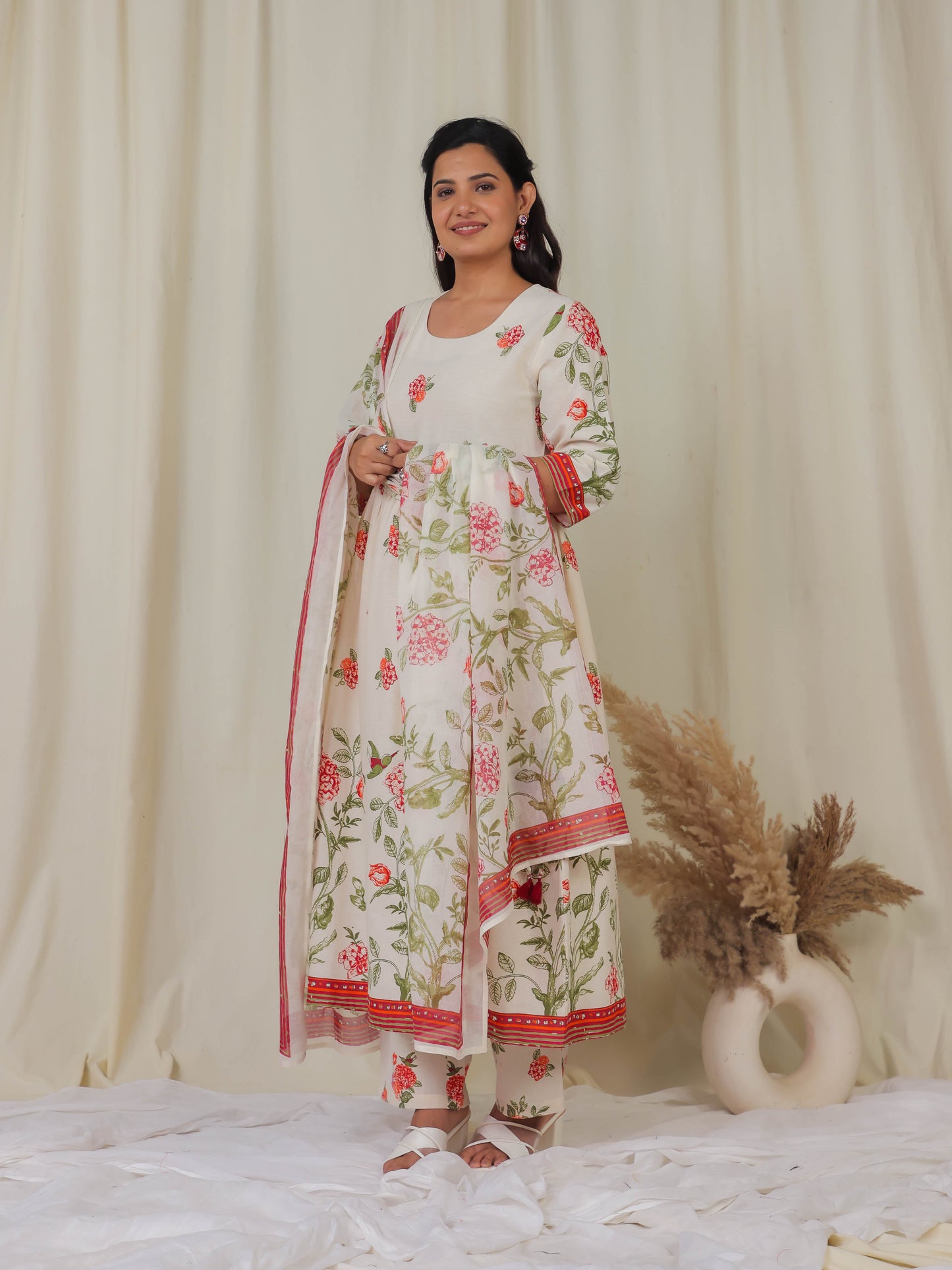 Linen Cotton Floral A-line Off White Kurta