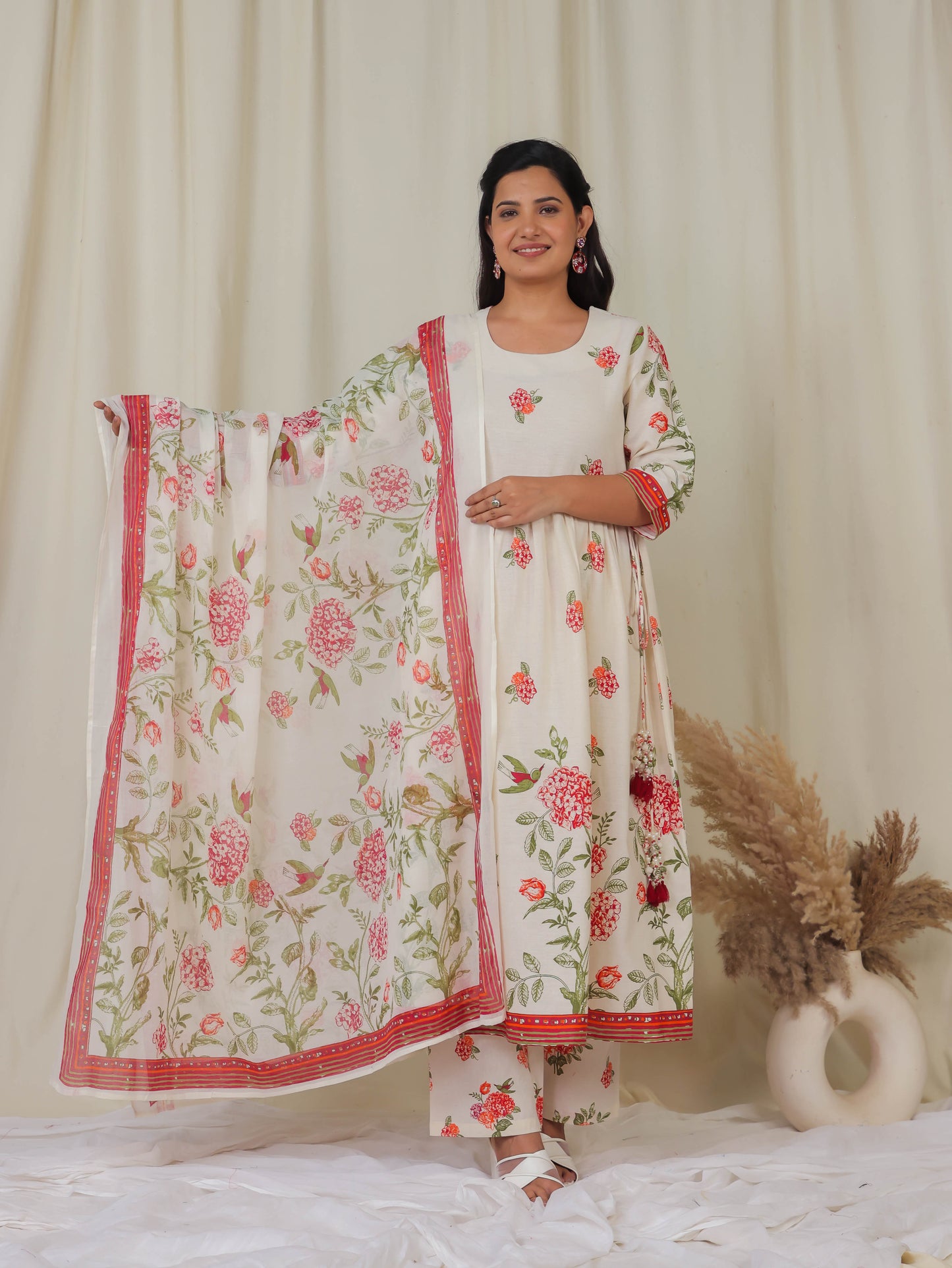 Linen Cotton Floral A-line Off White Kurta