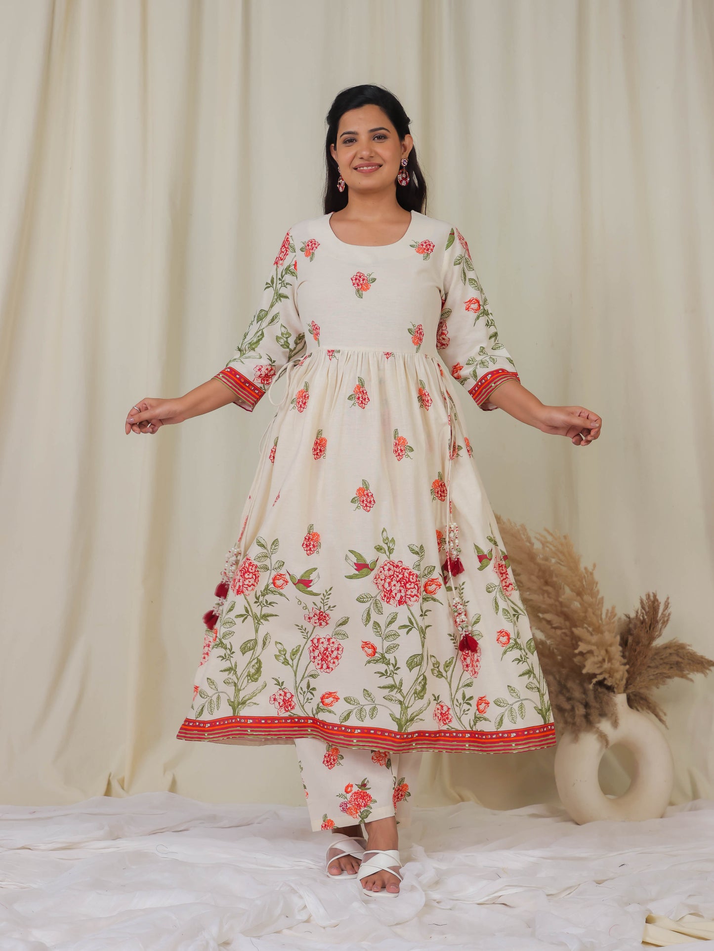 Linen Cotton Floral A-line Off White Kurta