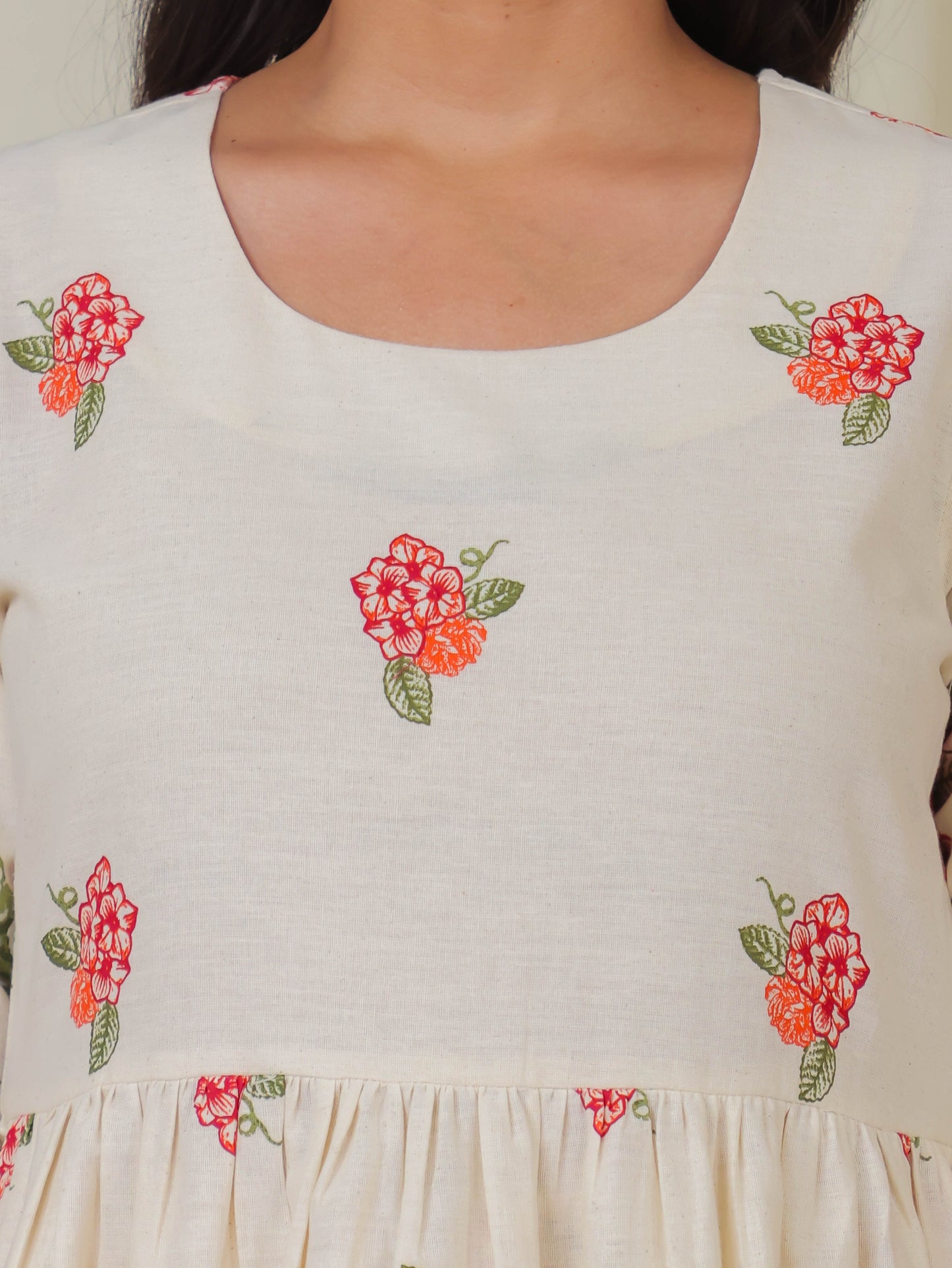 Linen Cotton Floral A-line Off White Kurta