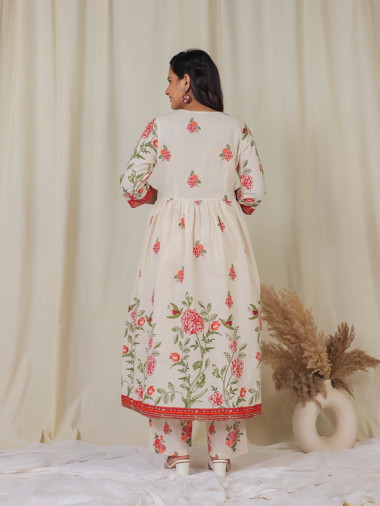 Linen Cotton Floral A-line Off White Kurta