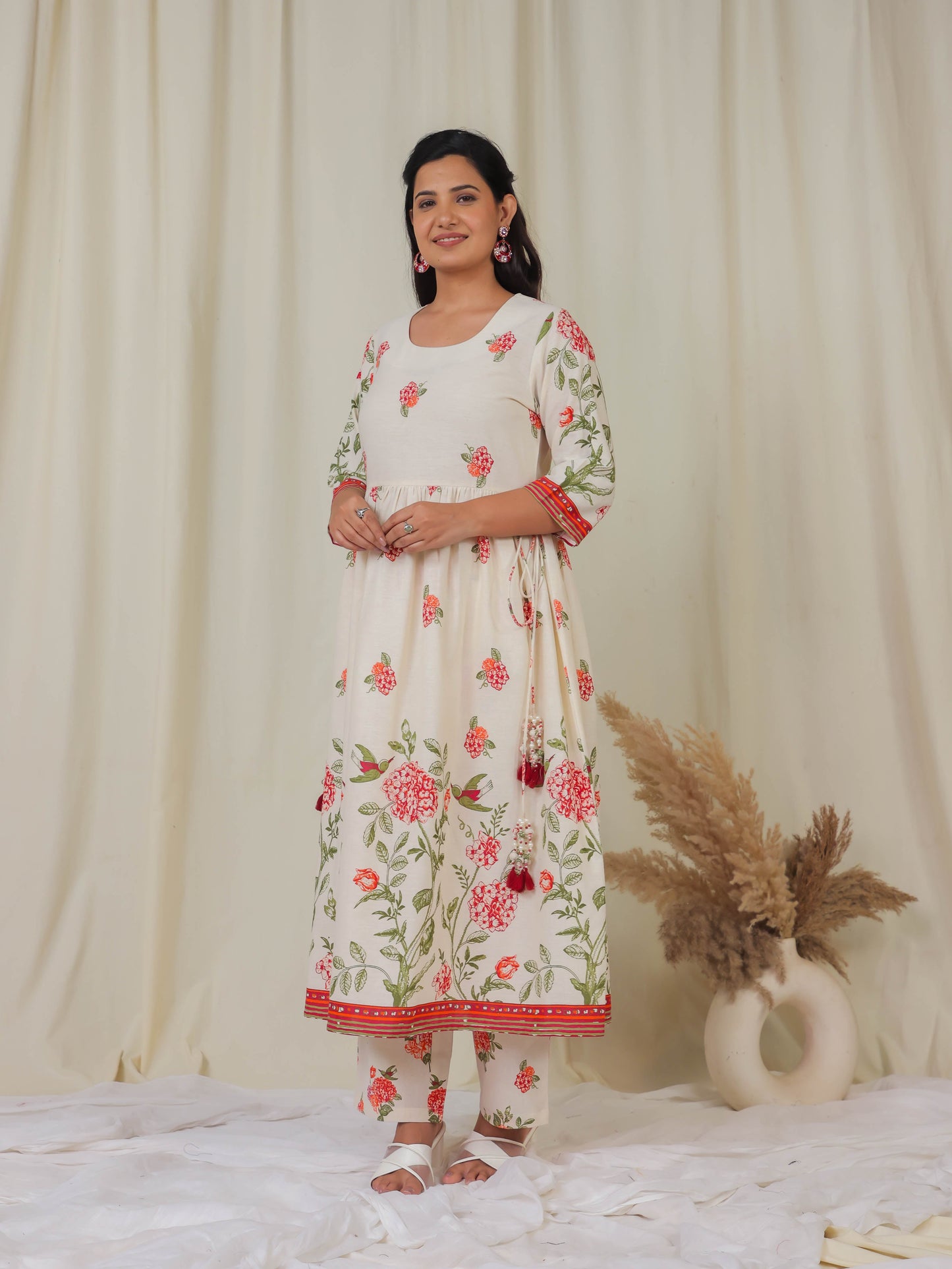 Linen Cotton Floral A-line Off White Kurta