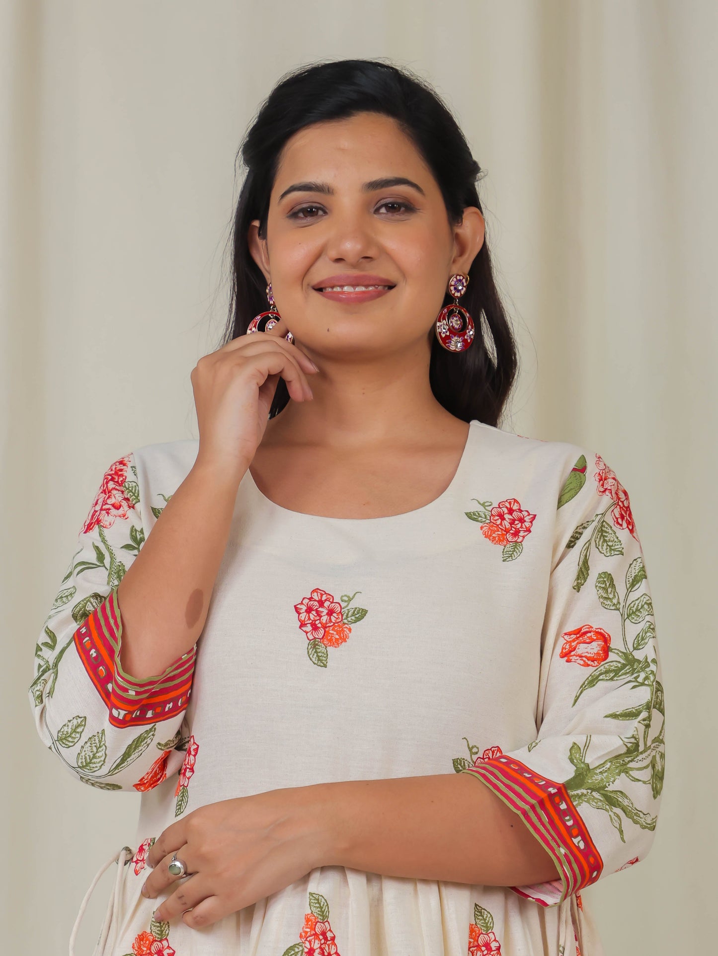 Linen Cotton Floral A-line Off White Kurta